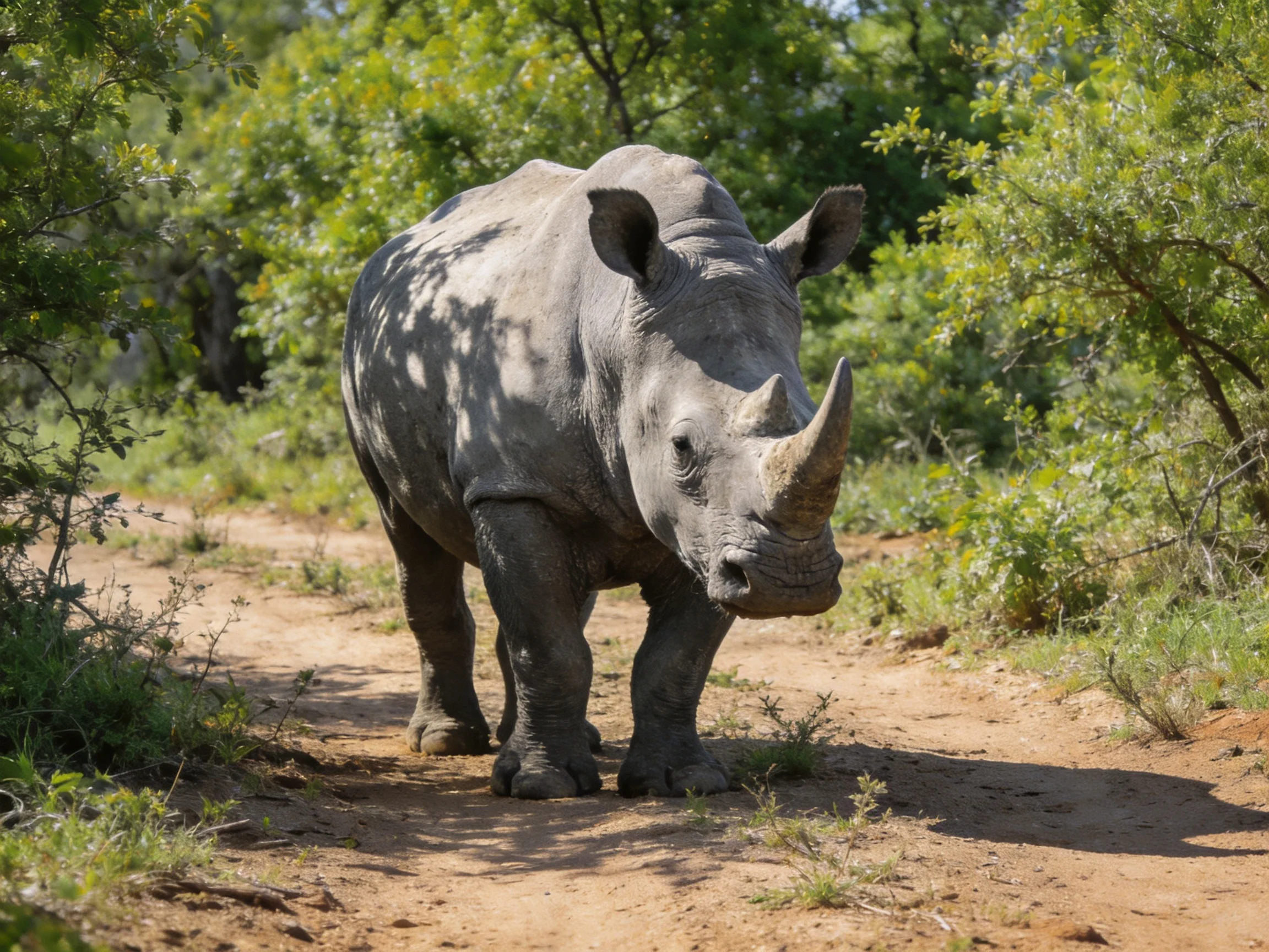 A gray rhinoceros walks along a dusty path amid lush green foliage