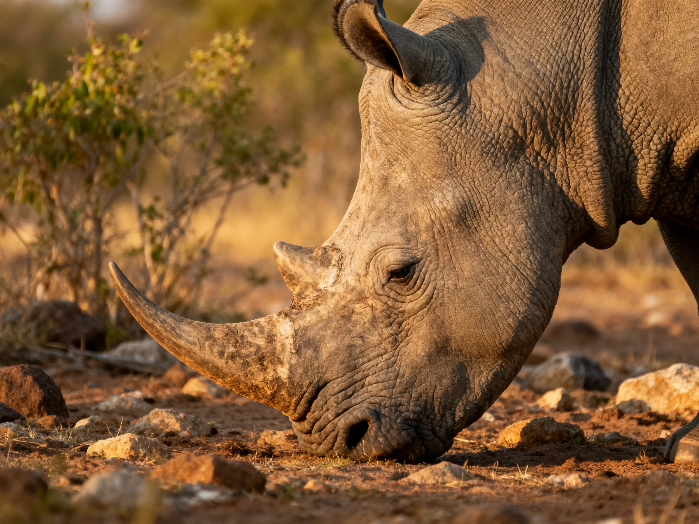 A gray rhinoceros with a long horn grazing near scattered rocks