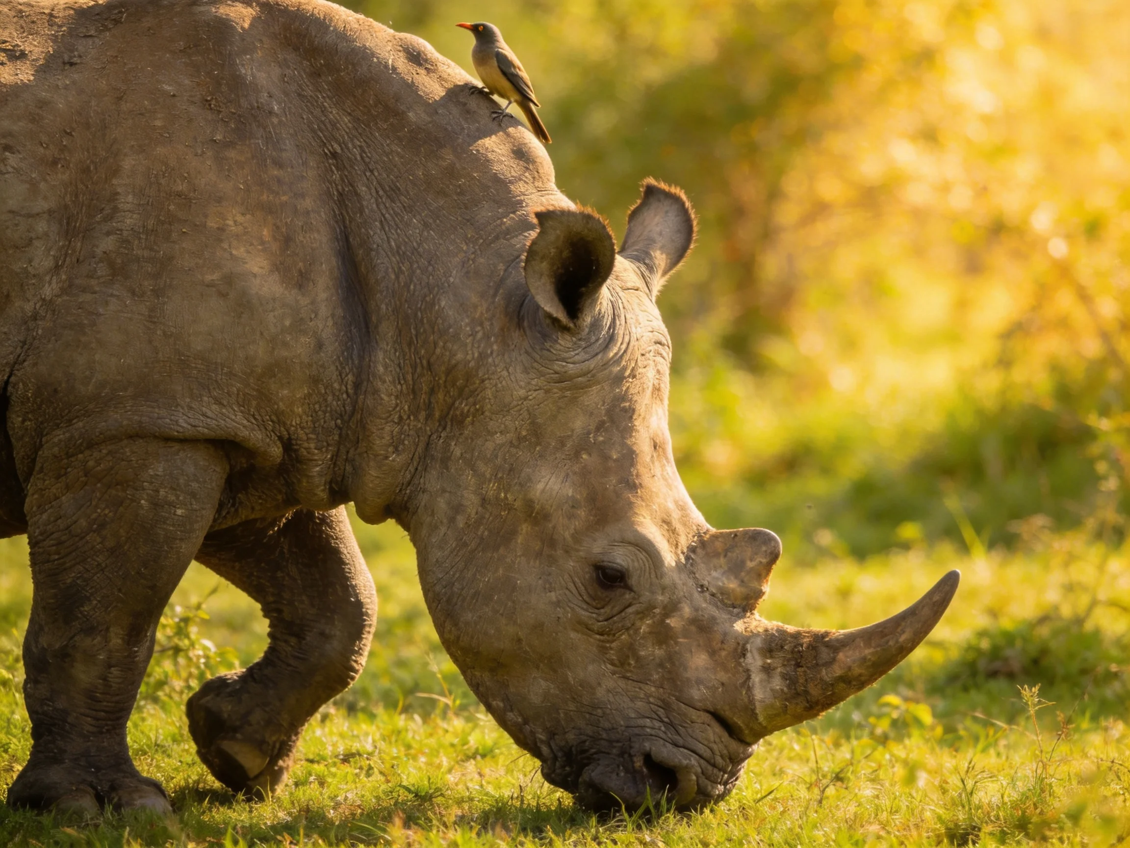 A gray rhinoceros with a small bird on its back in sunlit grassland