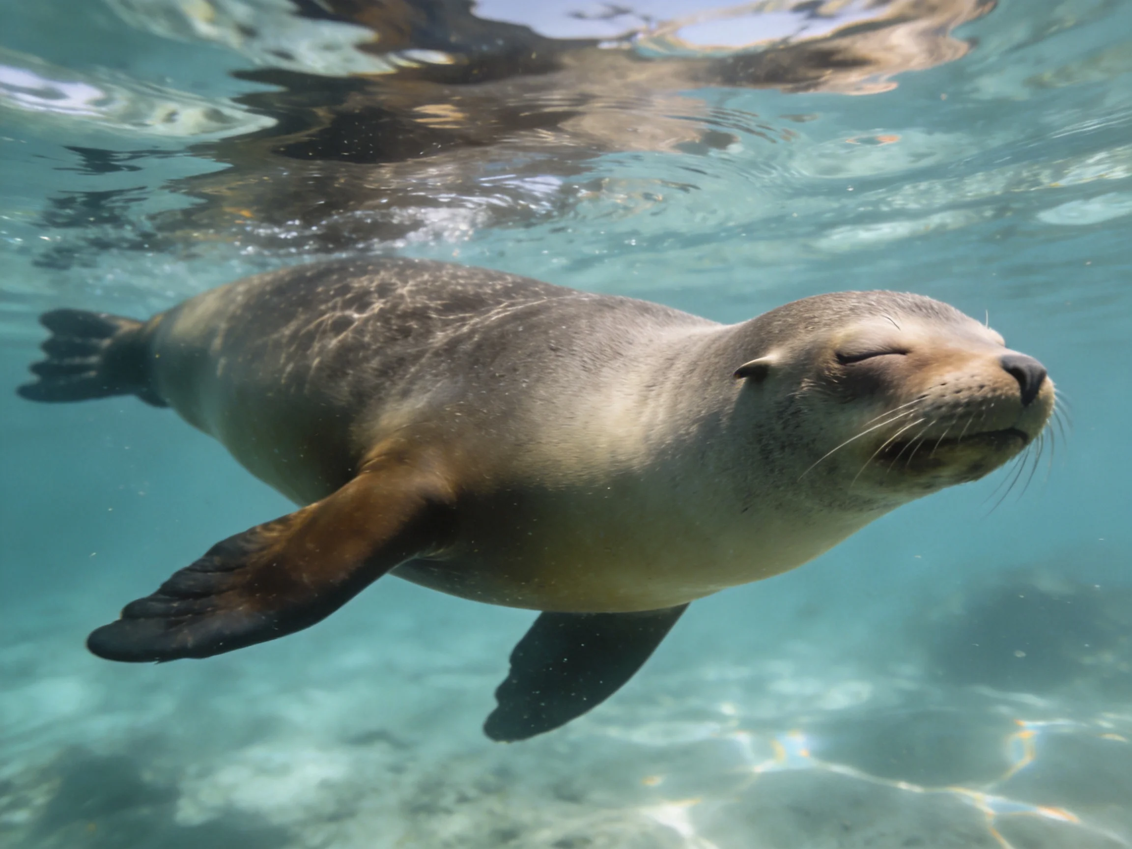 A gray sea lion glides smoothly through clear turquoise water