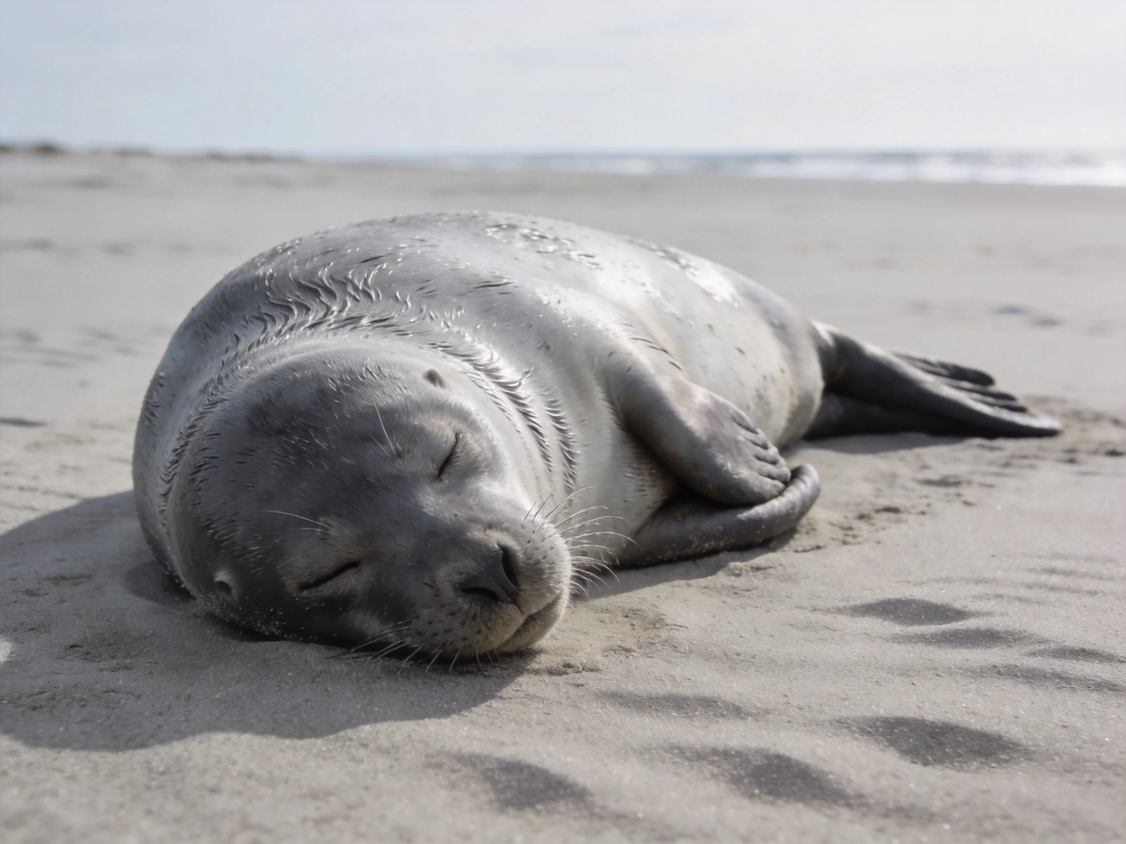 A gray sea lion sleeps on a sandy beach by the ocean.