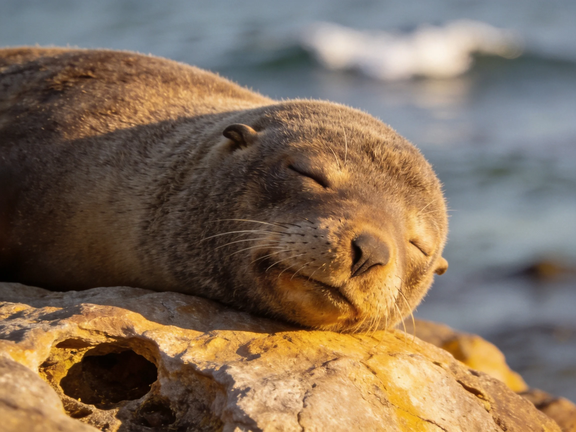 A sea lion sleeps peacefully on a rocky shoreline.