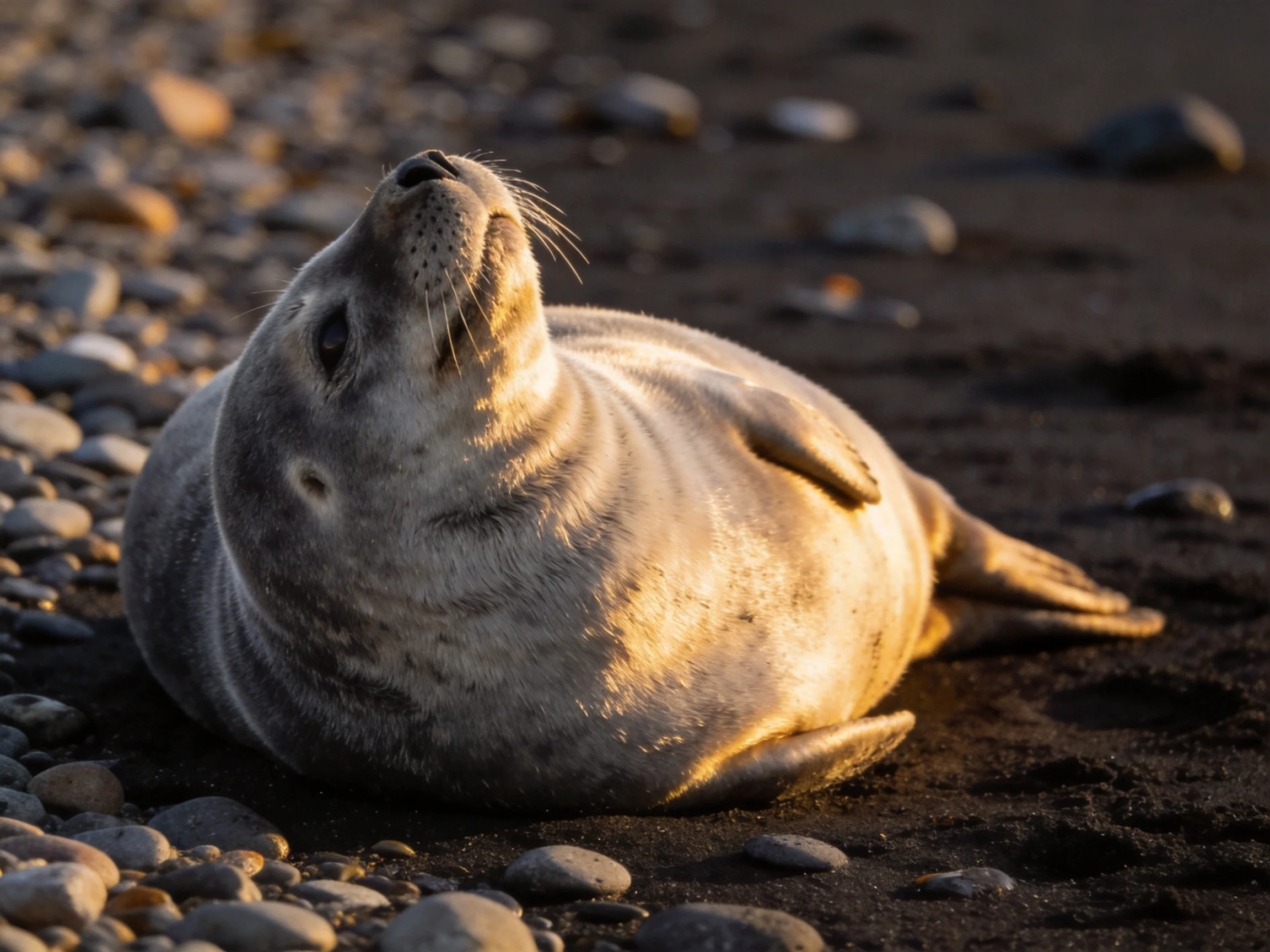 A gray seal rests on a rocky and sandy shore bathed in golden light