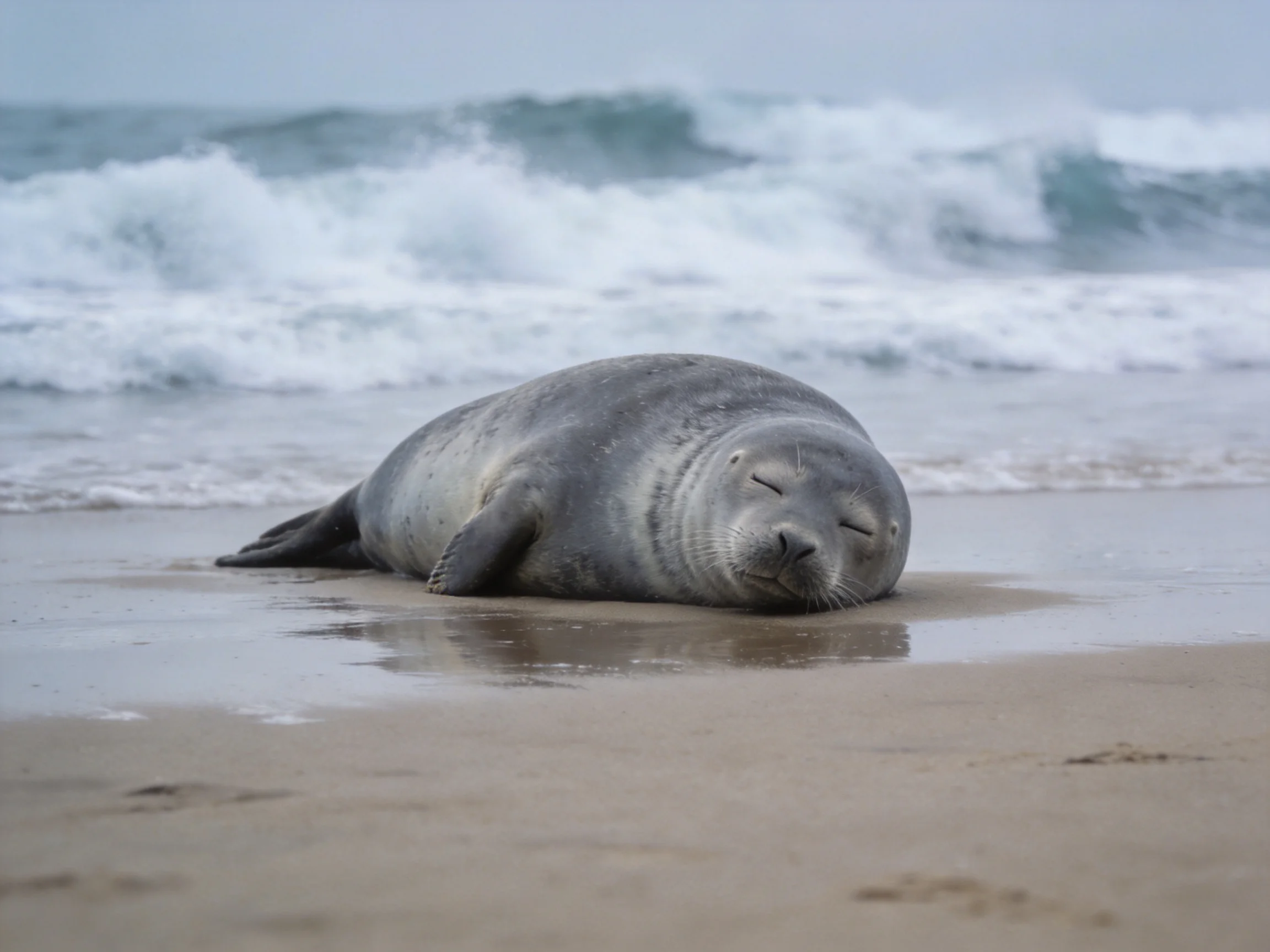 A gray seal rests peacefully on a sandy beach near crashing turquoise waves