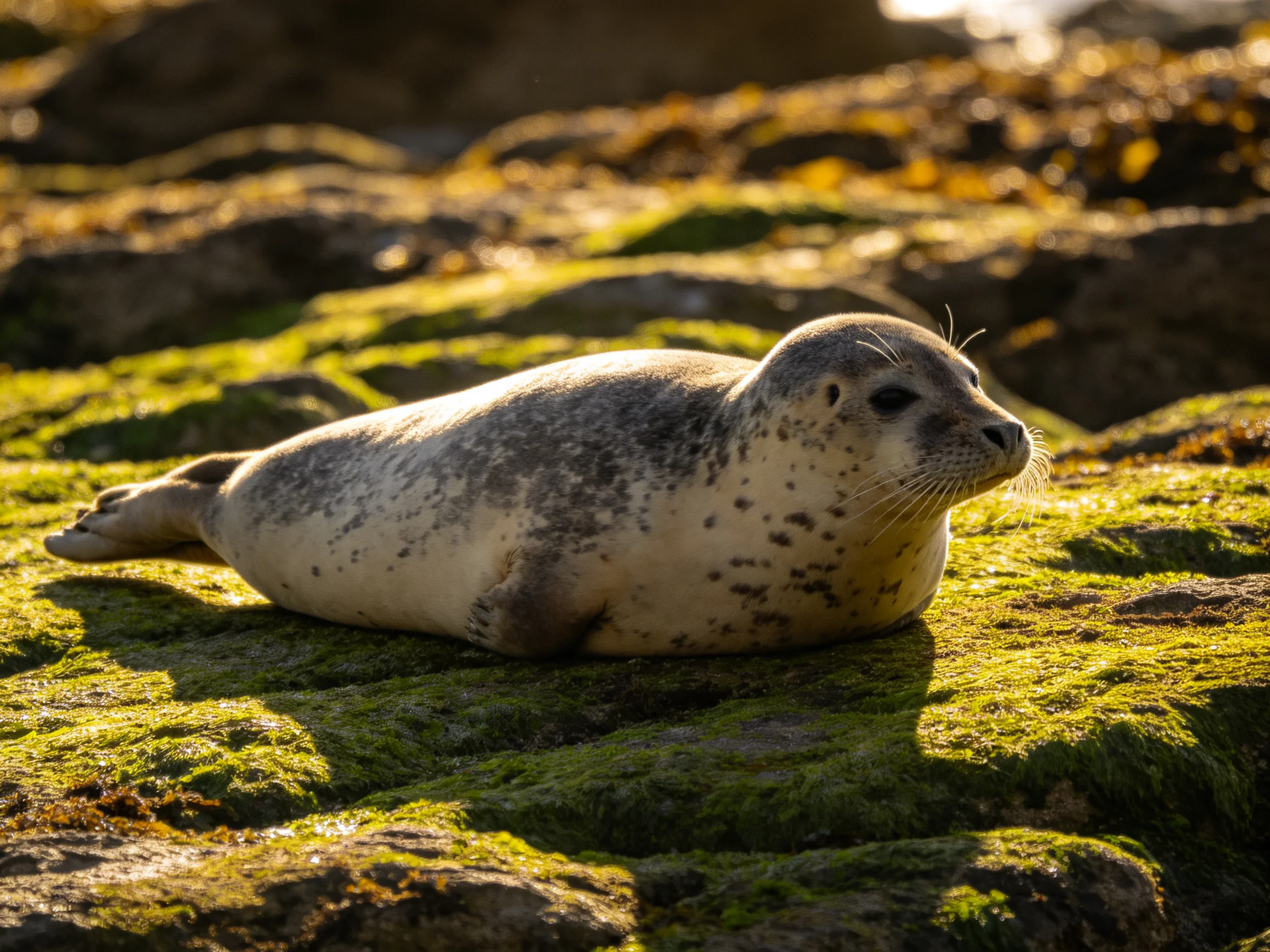 A gray-speckled seal rests on moss-covered, green rocky terrain