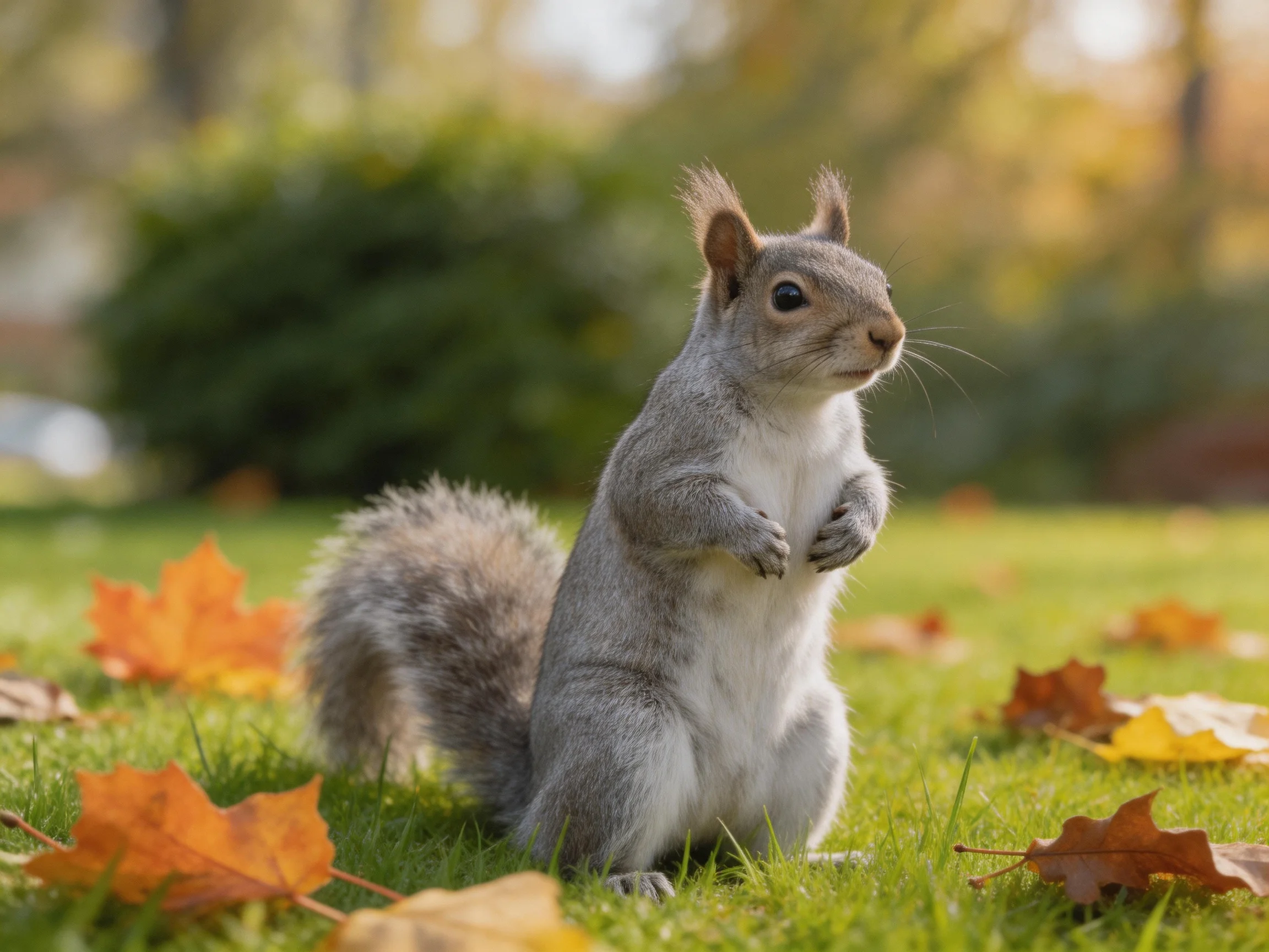 A gray squirrel stands on grass with colorful fallen leaves nearby.