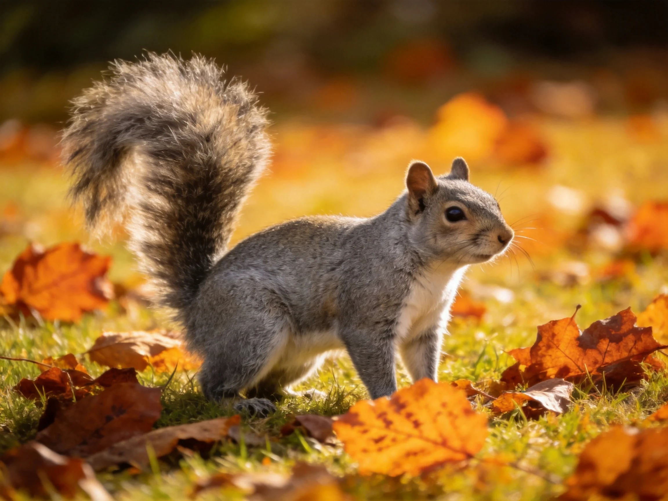 A gray squirrel amid vibrant autumn leaves on a grassy field