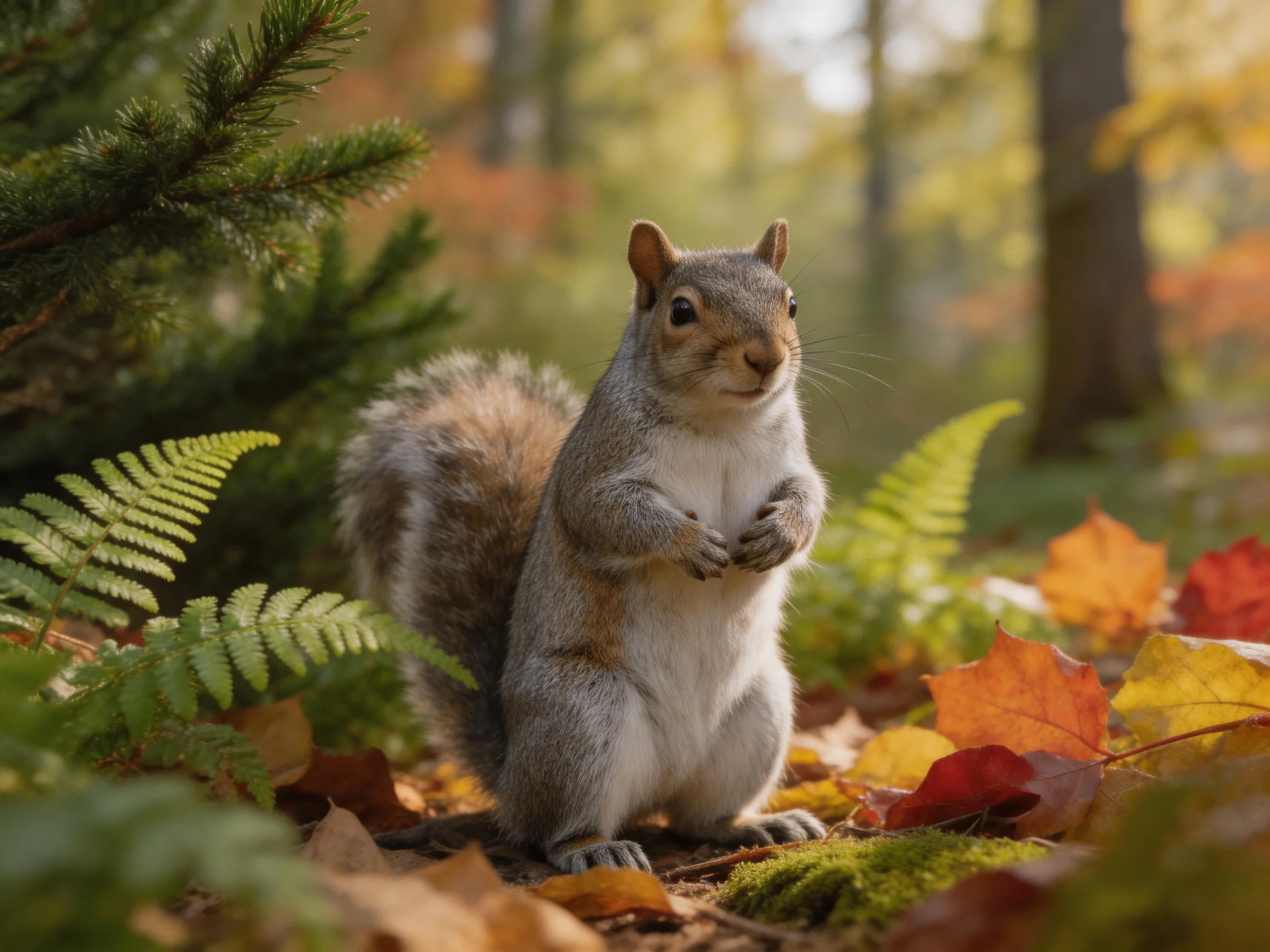 A gray squirrel among autumn leaves and ferns