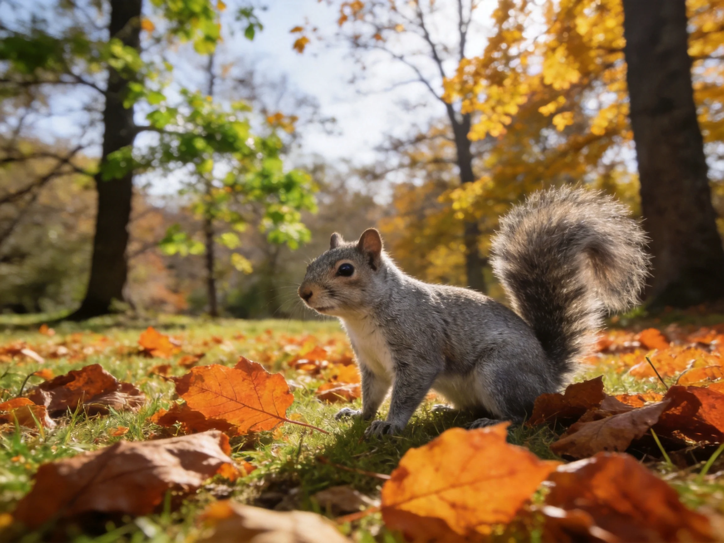 A gray squirrel among autumn leaves in sunlit forest