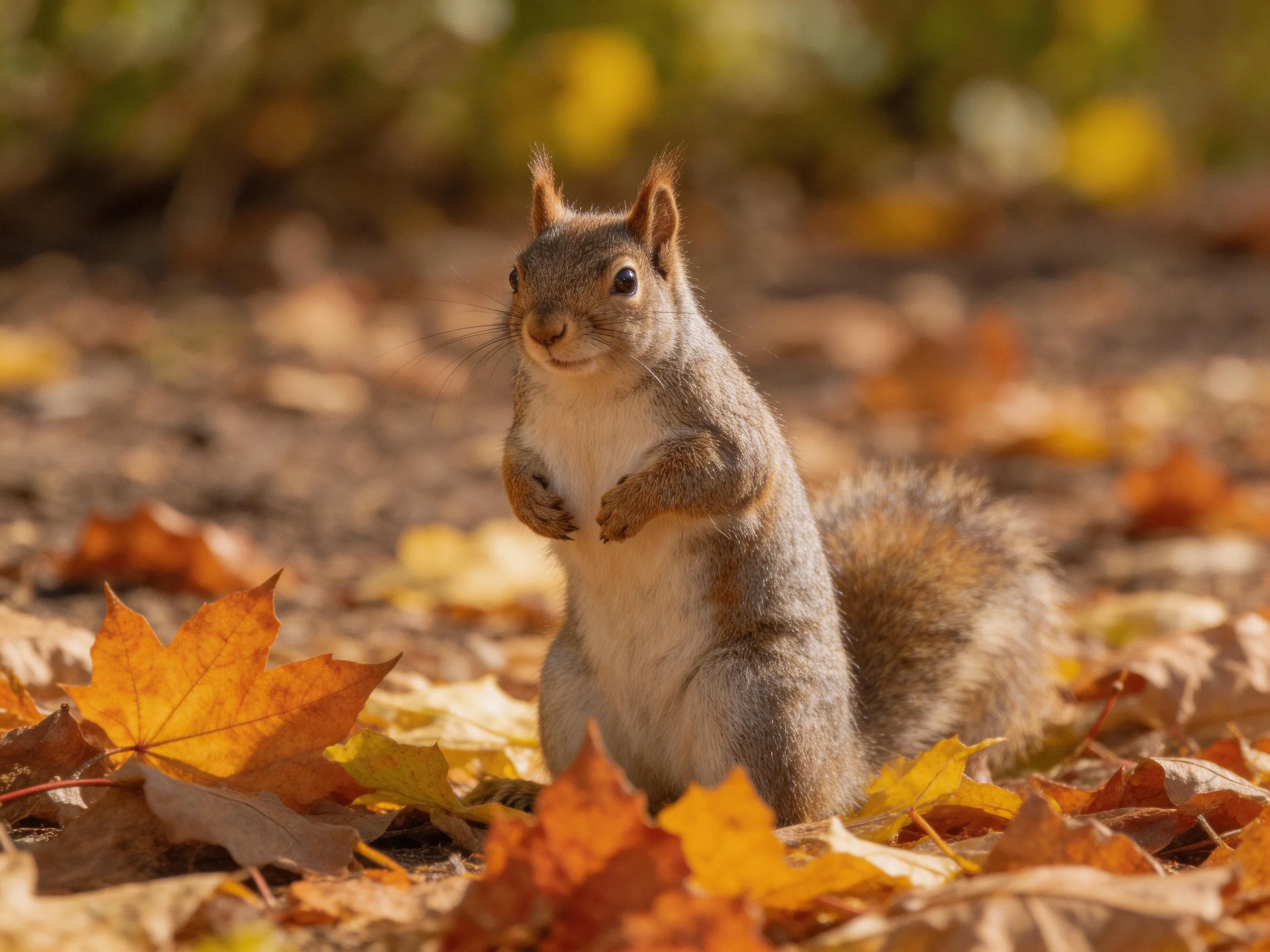 A gray squirrel stands among autumn leaves in a sunlit outdoor setting.