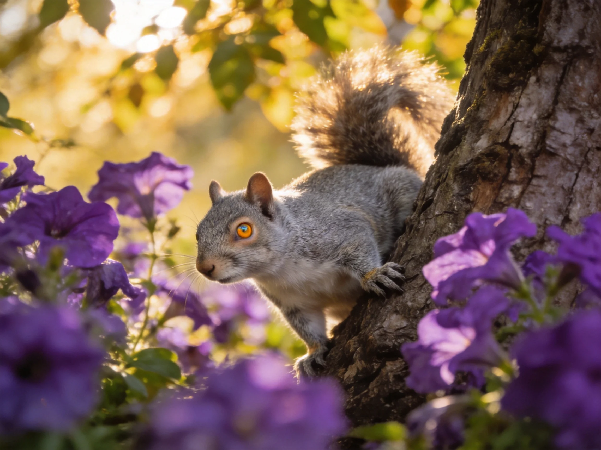 A gray squirrel among vibrant purple flowers by a tree