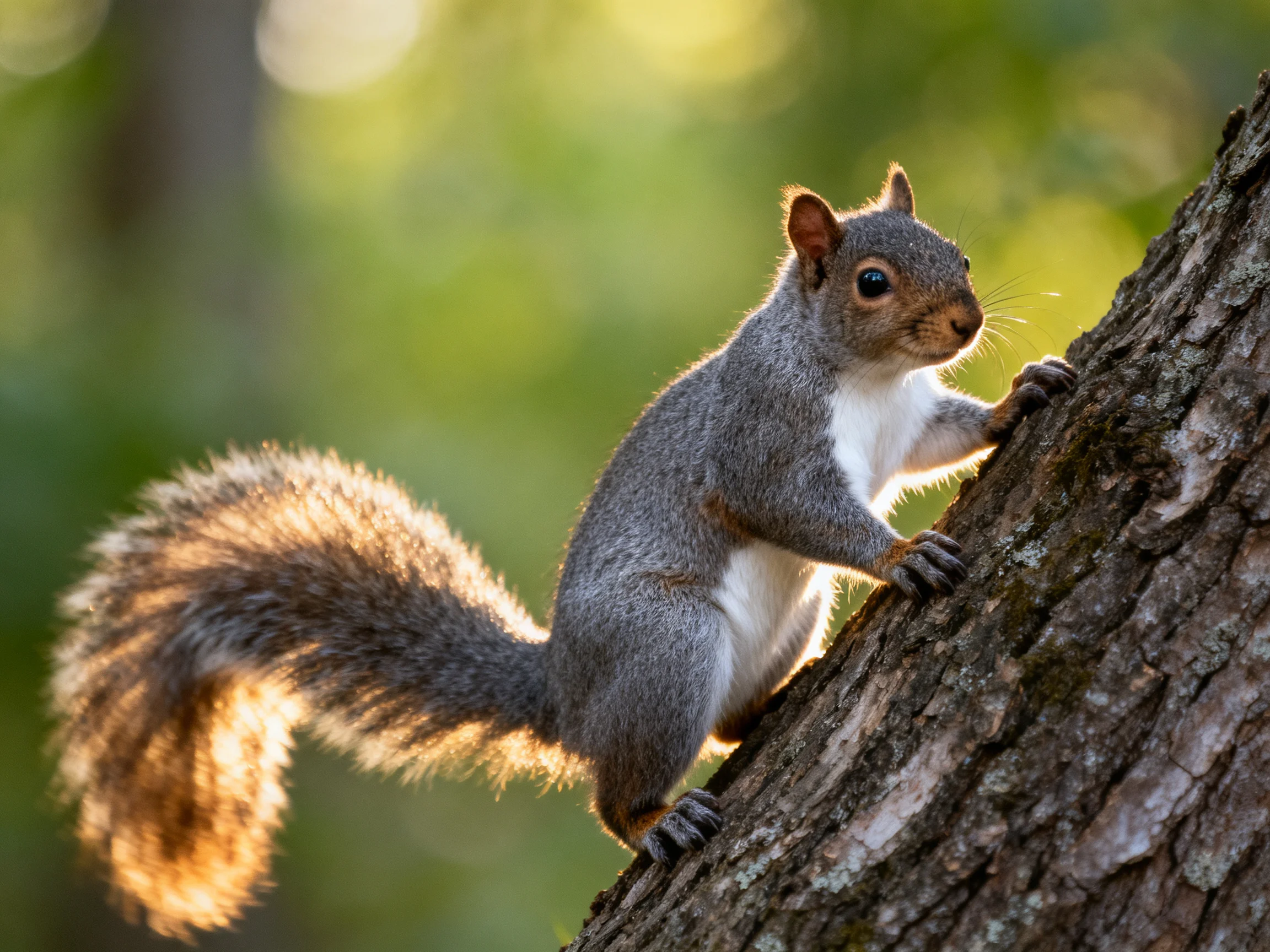 A gray squirrel climbing a rough-barked tree trunk in golden sunlight