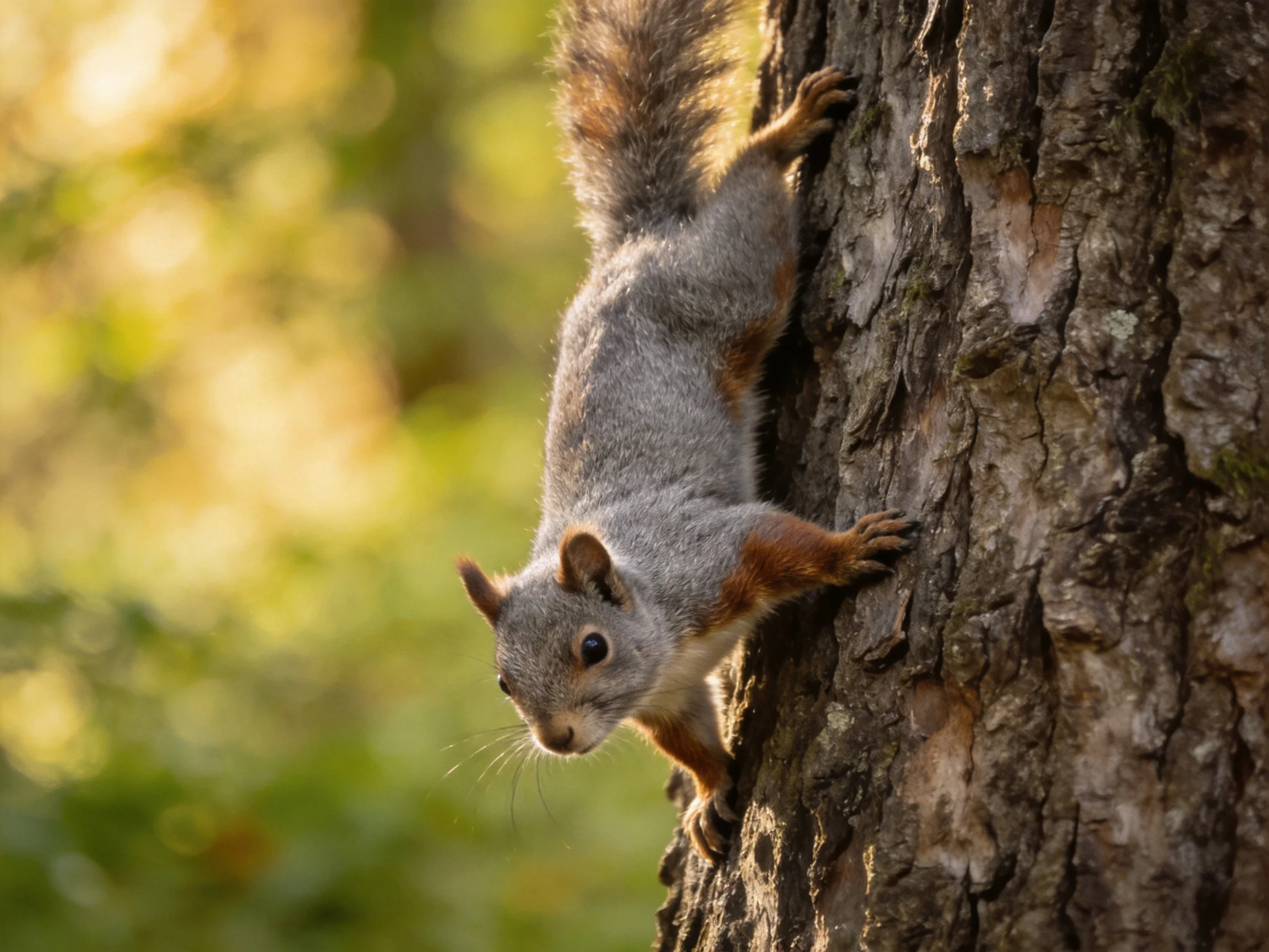 A gray squirrel climbs a tree trunk in a sunlit forest.