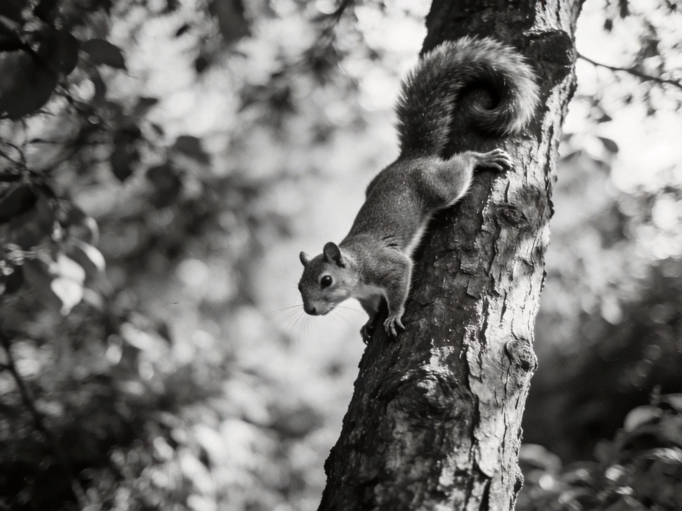 A gray squirrel climbs a rough-textured tree trunk in a monochrome forest