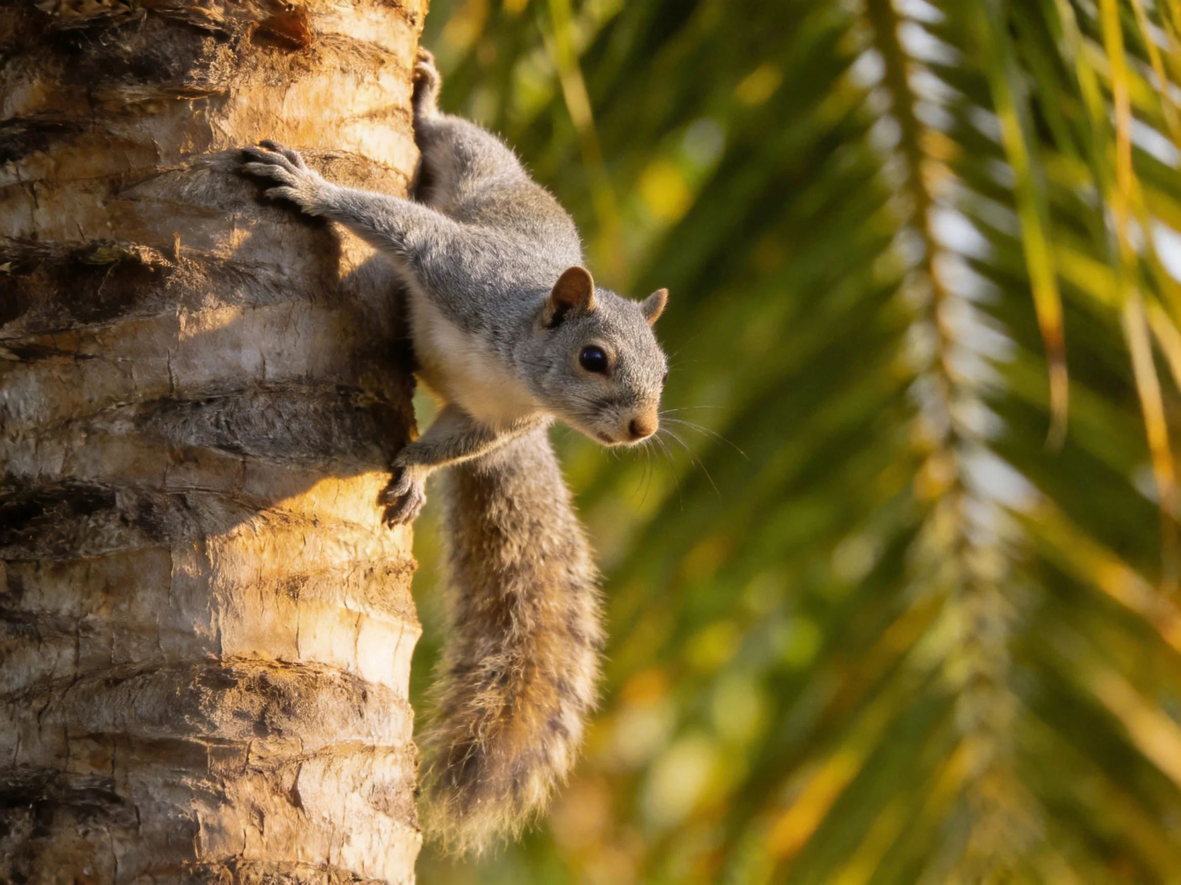 A gray squirrel clings to a palm trunk in a sunlit tropical setting.