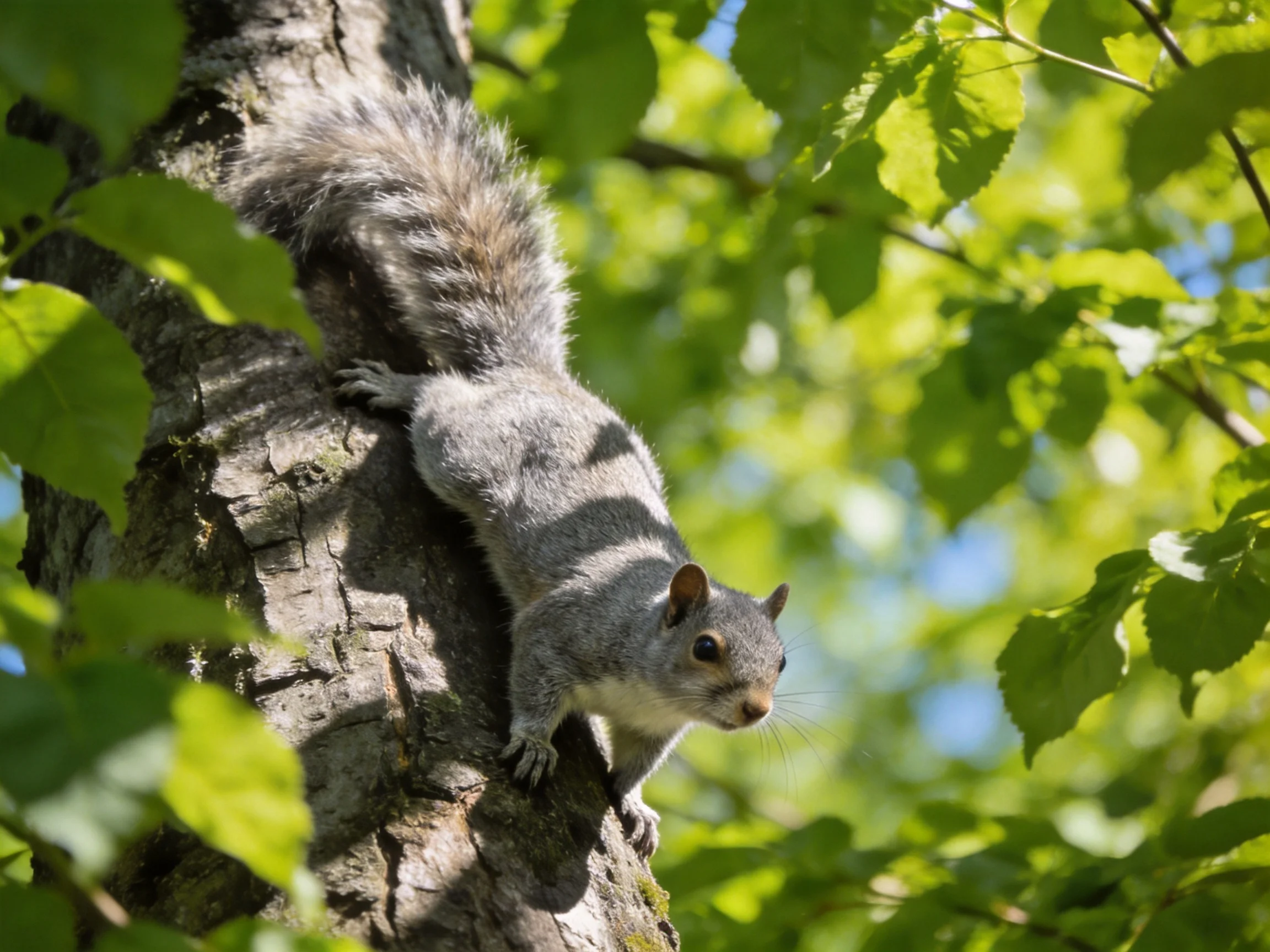 A gray squirrel climbs a tree surrounded by green leaves in a sunlit environment.