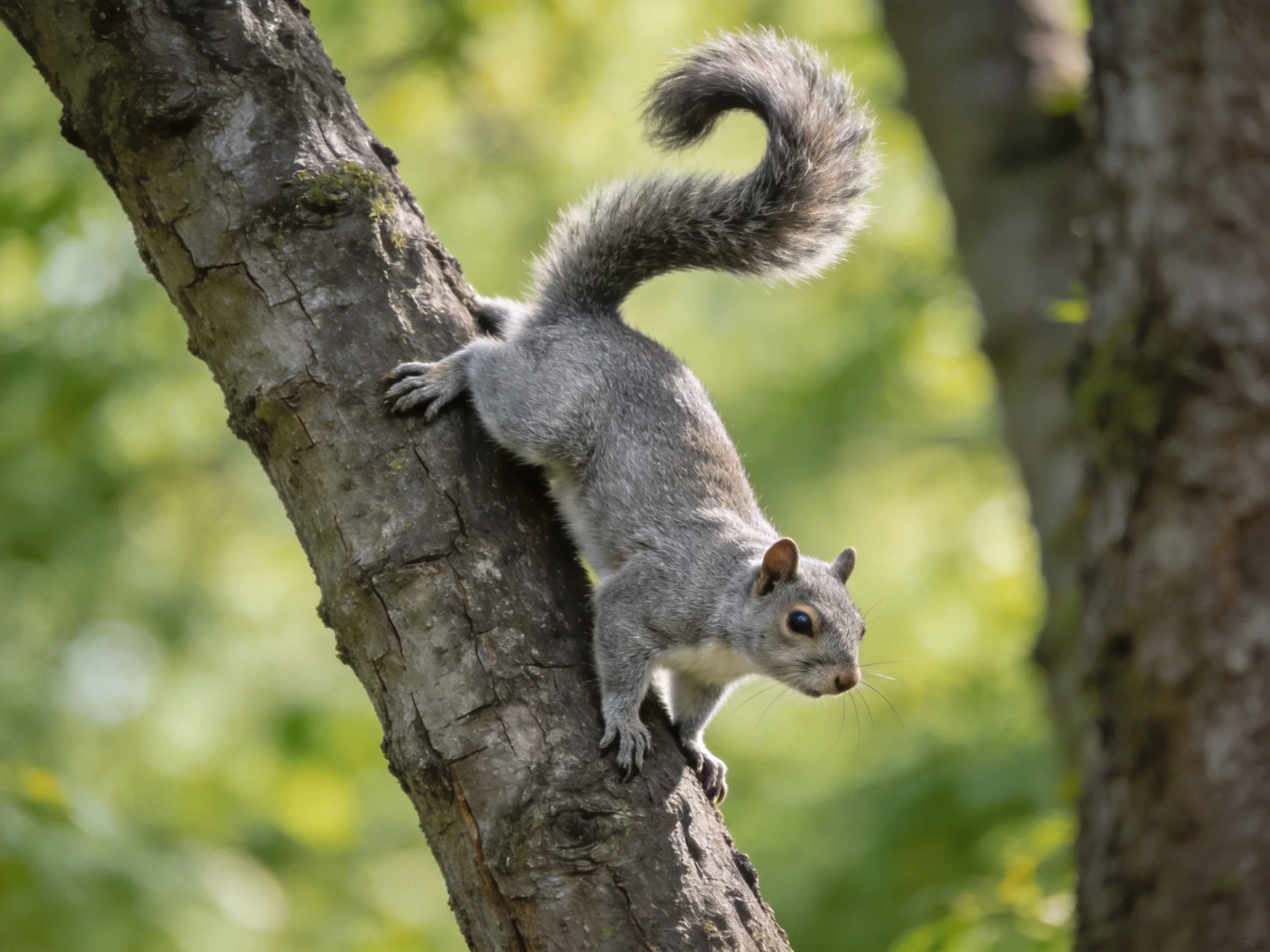 A gray squirrel climbs a textured tree trunk in a sunlit forest