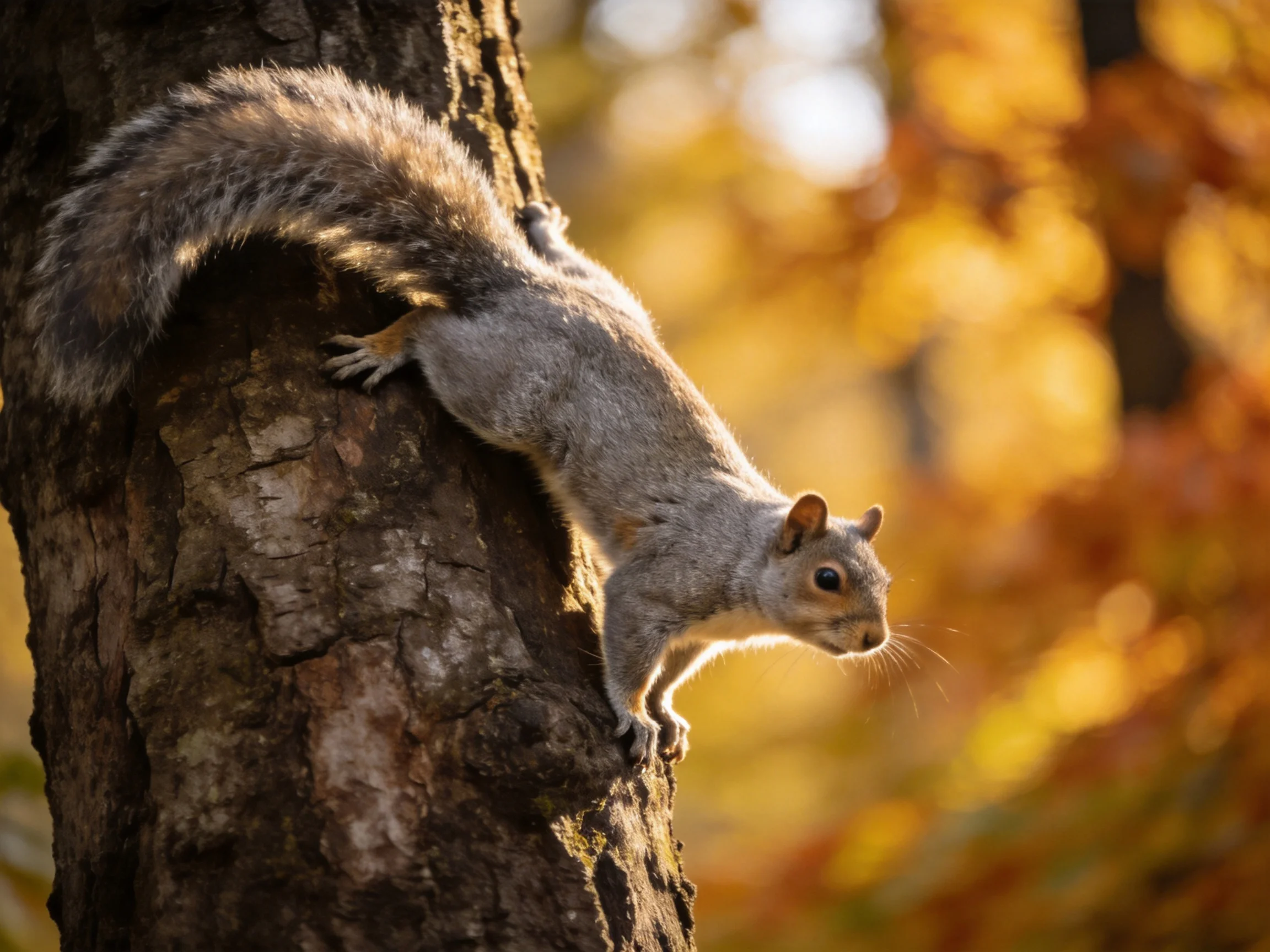 A gray squirrel climbs a tree trunk amid golden autumn foliage