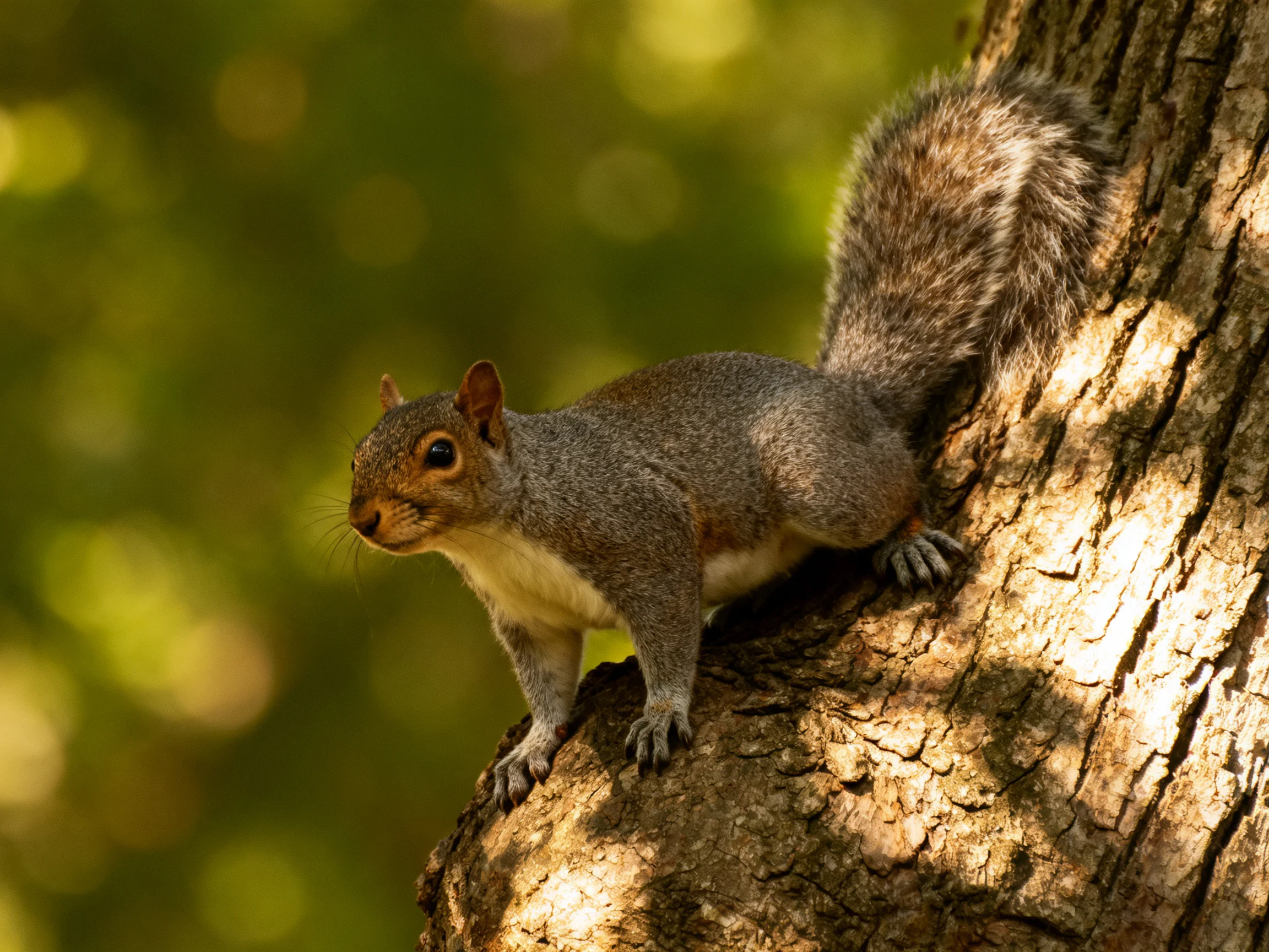 A gray squirrel stands on a tree trunk in a sunlit forest setting.
