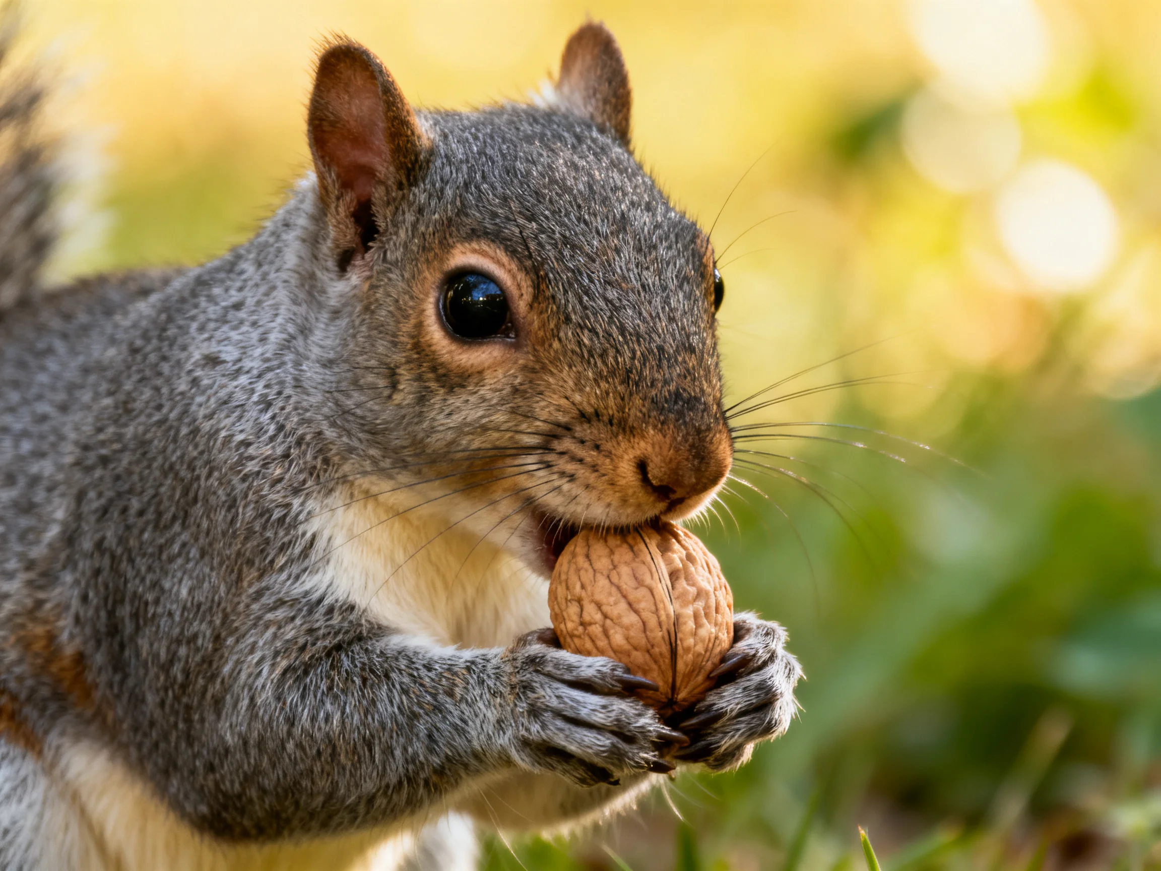 A gray squirrel clutching a brown walnut in a sunlit outdoor setting
