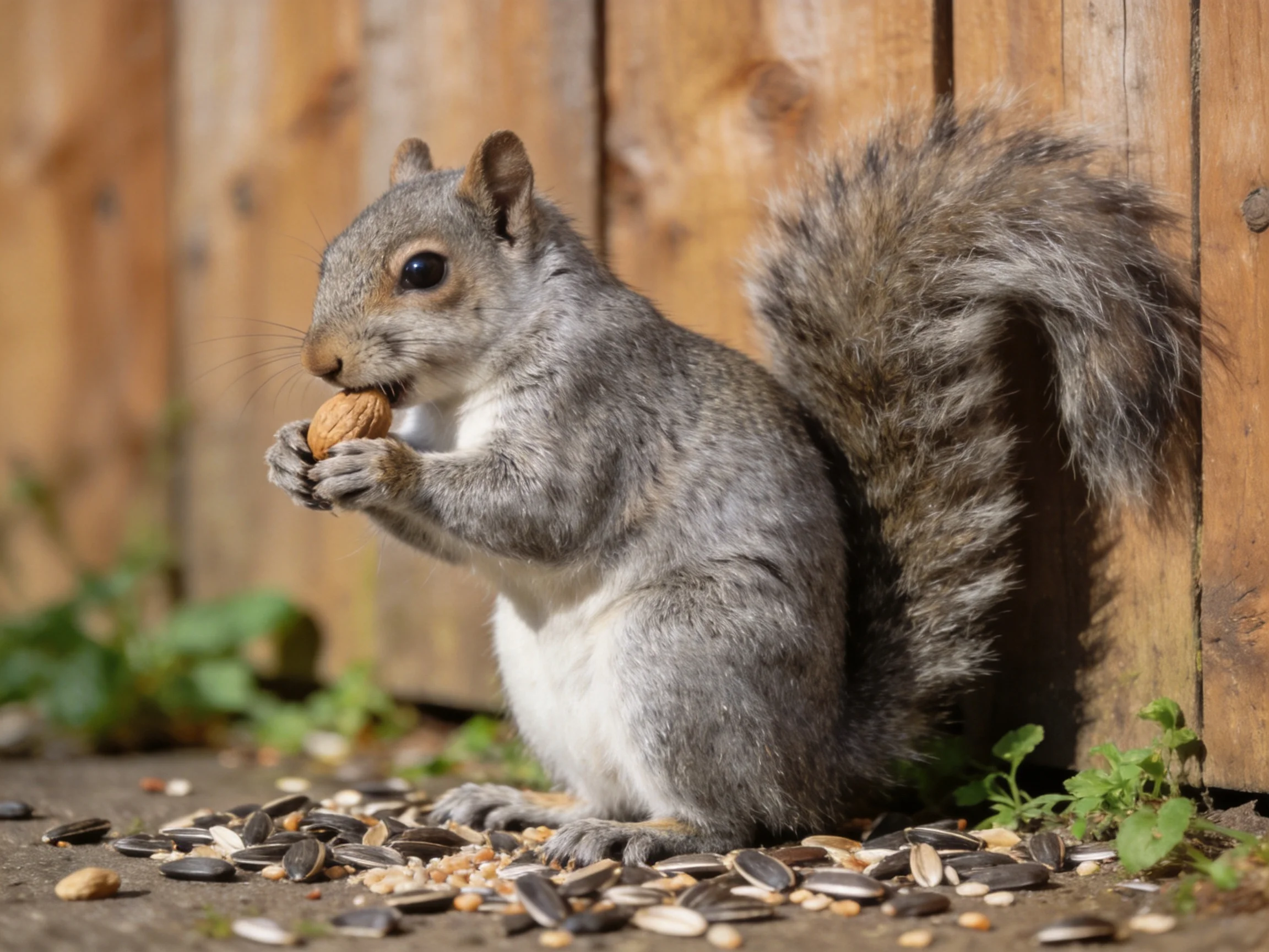 A gray squirrel eats a nut near a wooden fence with scattered seeds.