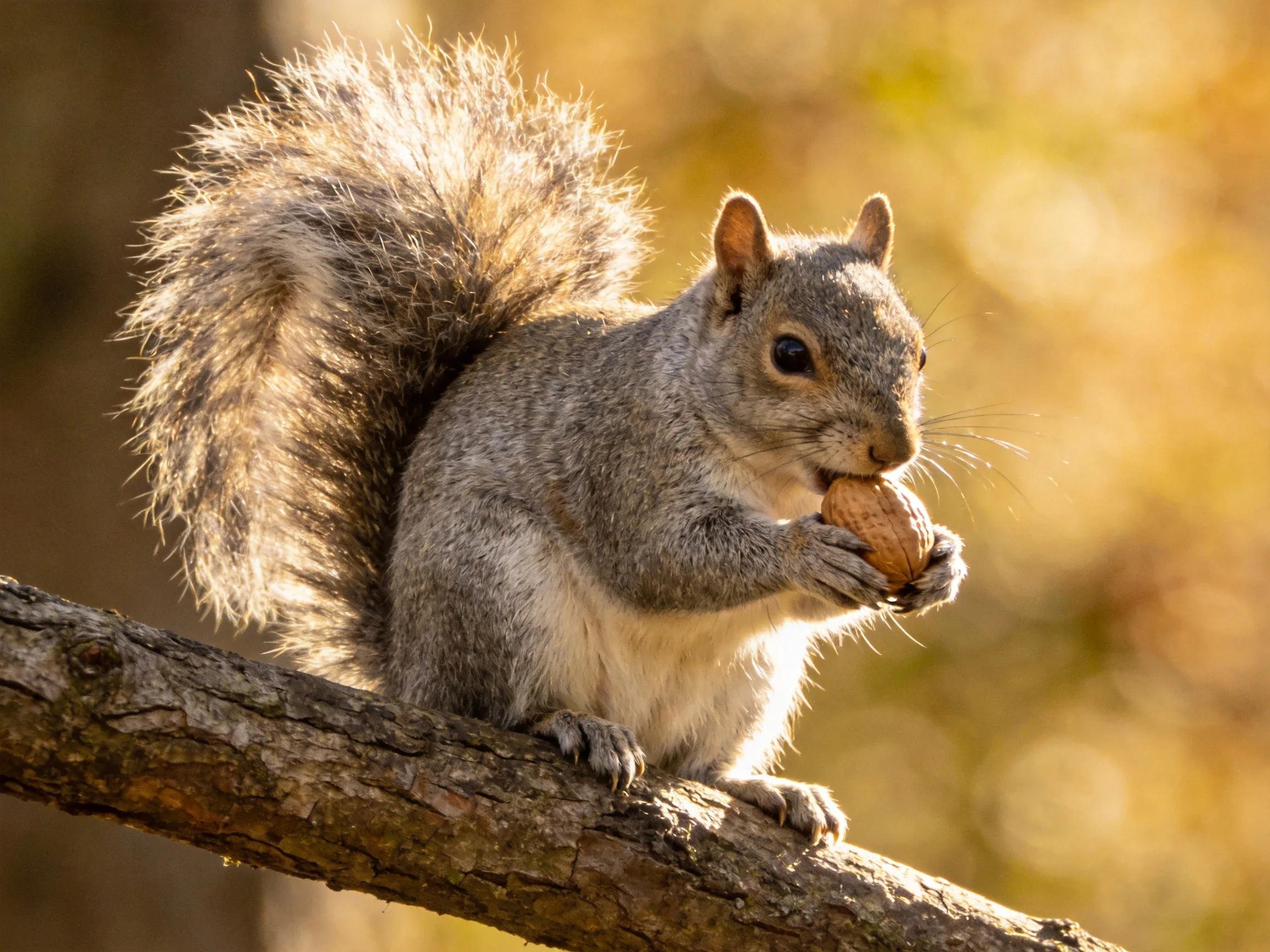 A gray squirrel eating a nut on a tree branch in golden sunlight