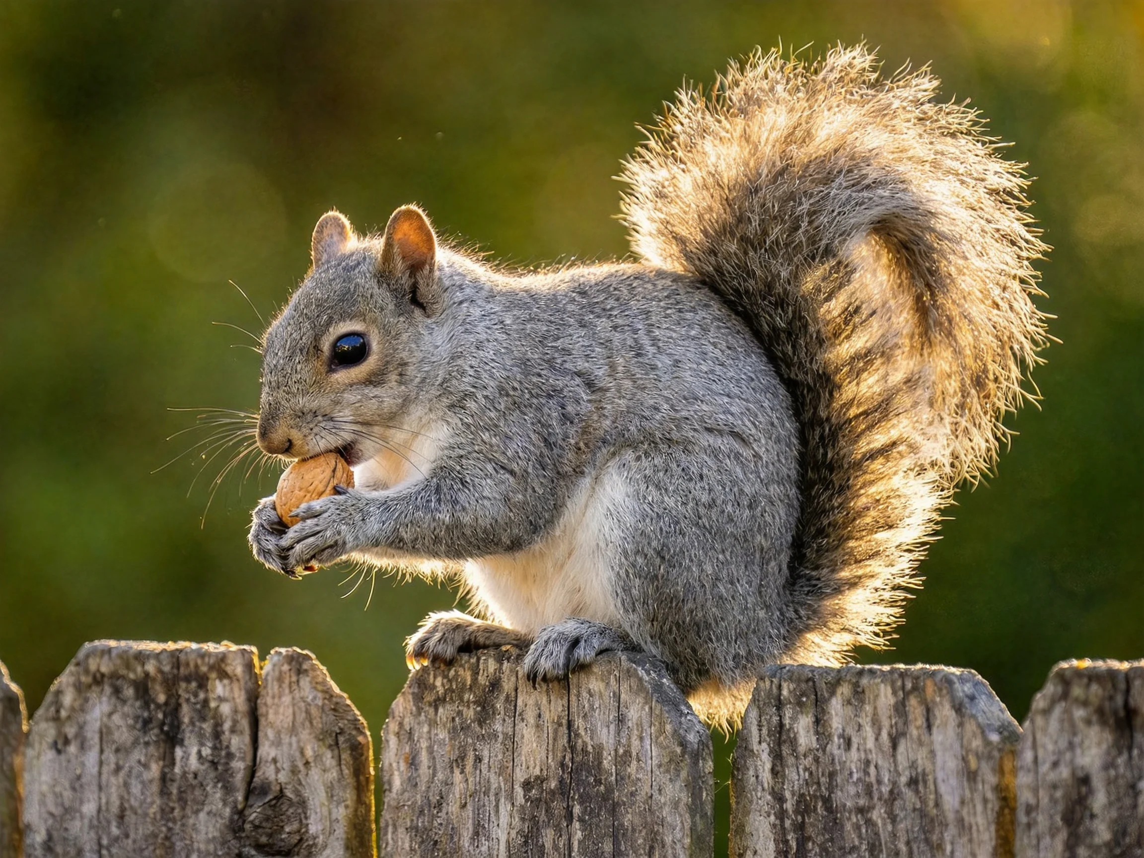 A gray squirrel eating a nut on a weathered wooden fence
