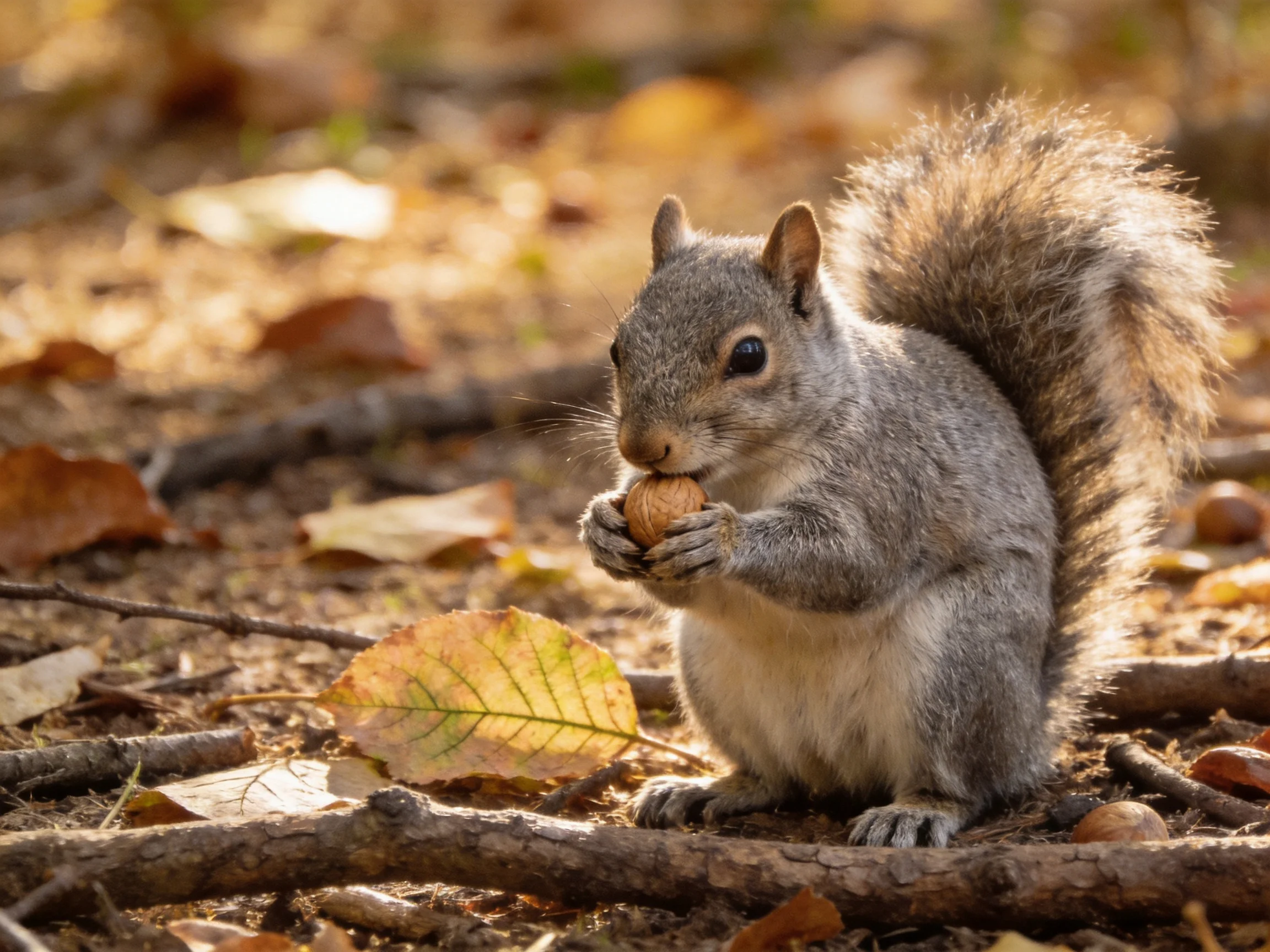 A gray squirrel eating nut among autumn leaves and twigs