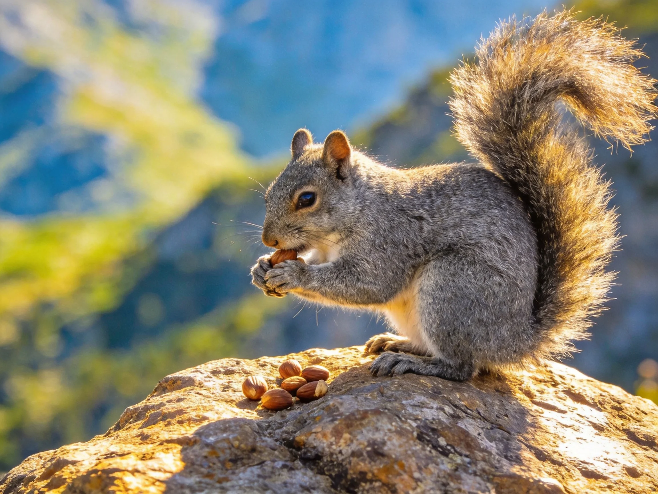 A gray squirrel eating nuts on a rocky surface with mountainous backdrop
