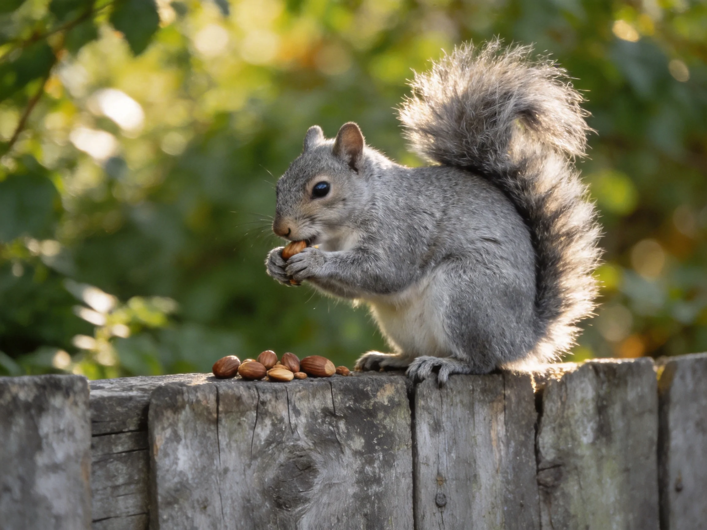 A gray squirrel eating nuts on a weathered wooden fence with greenery