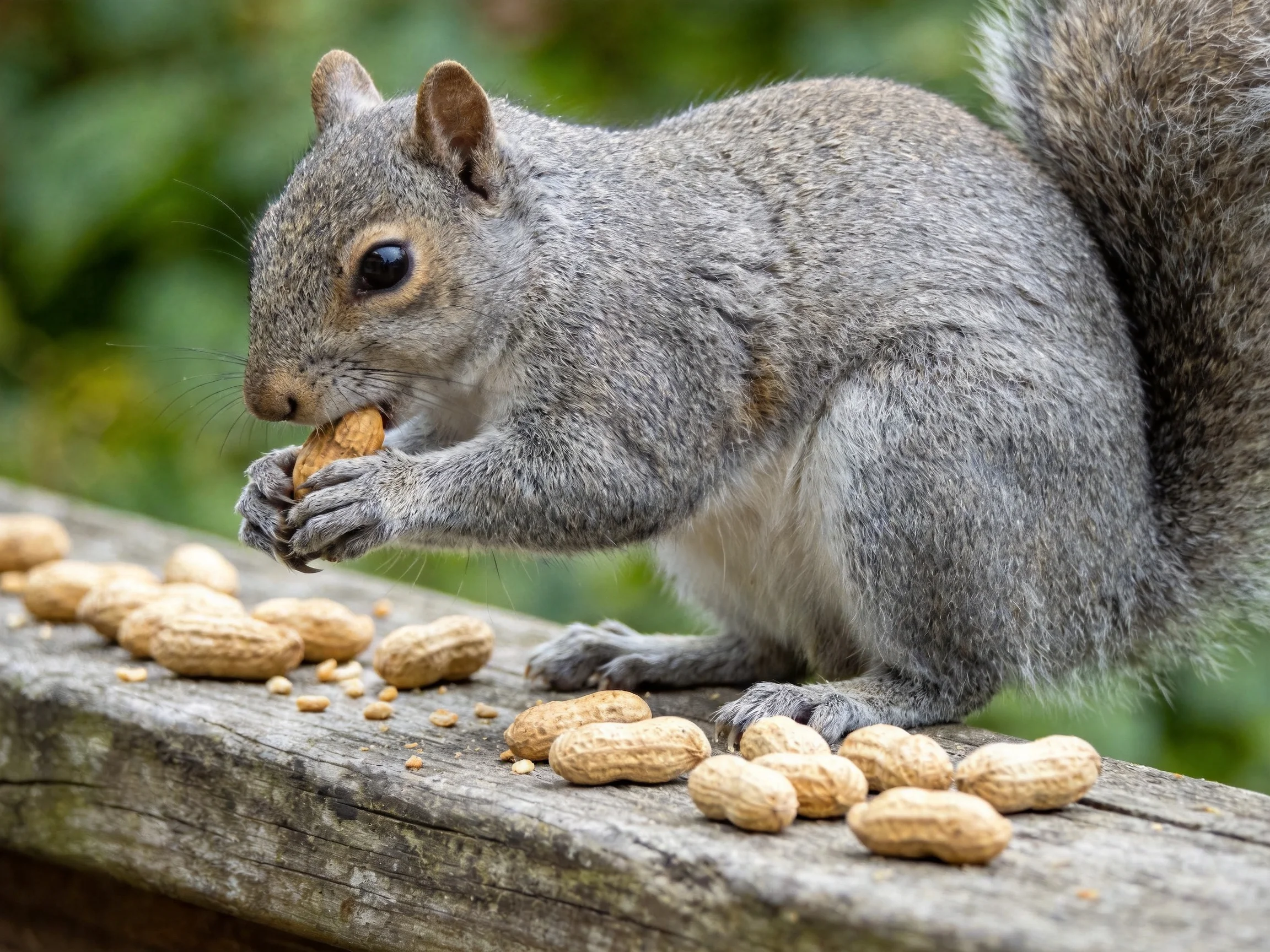 A gray squirrel eating peanuts on a weathered wooden ledge