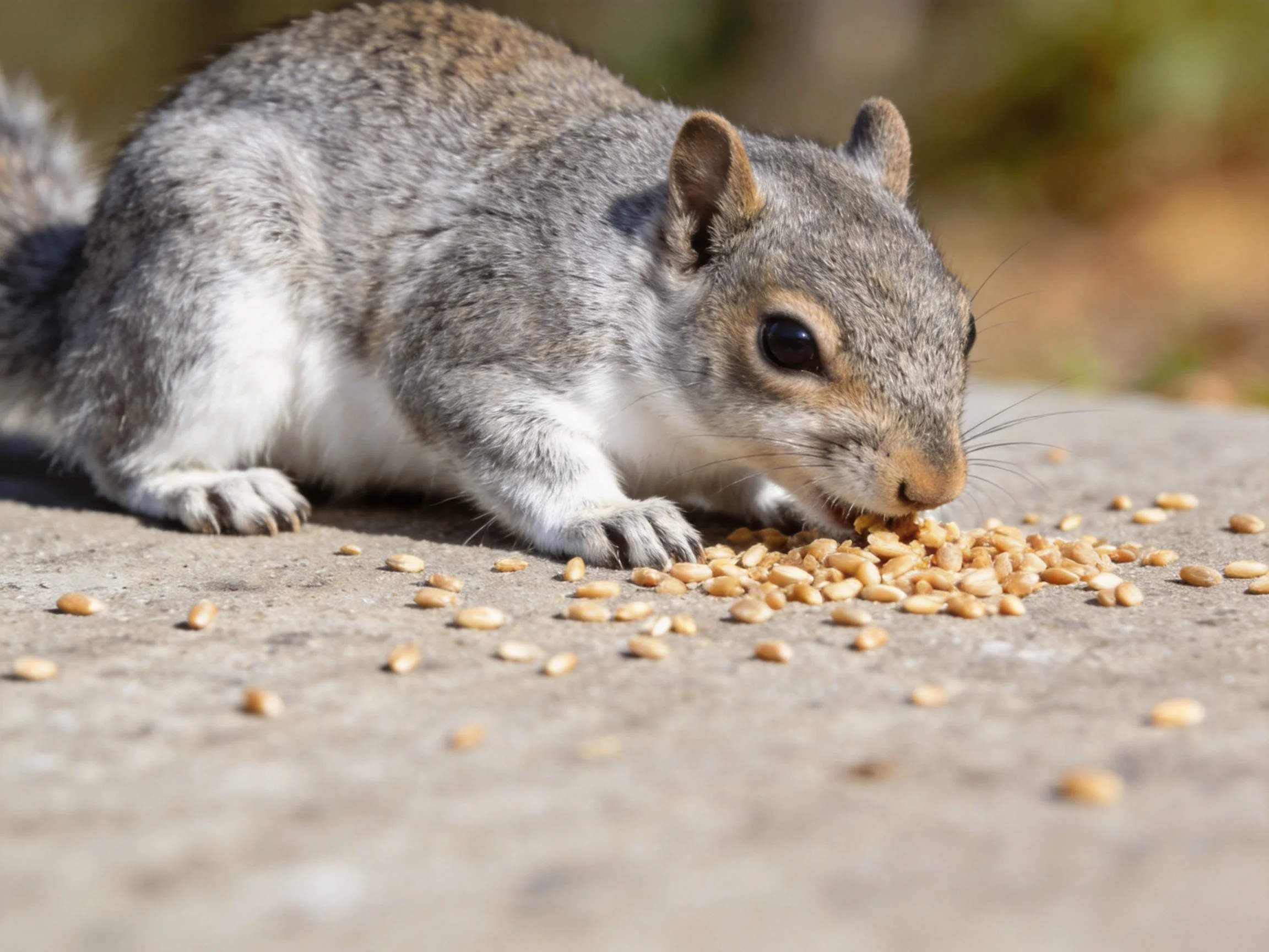A gray squirrel eating scattered seeds on an outdoor concrete surface