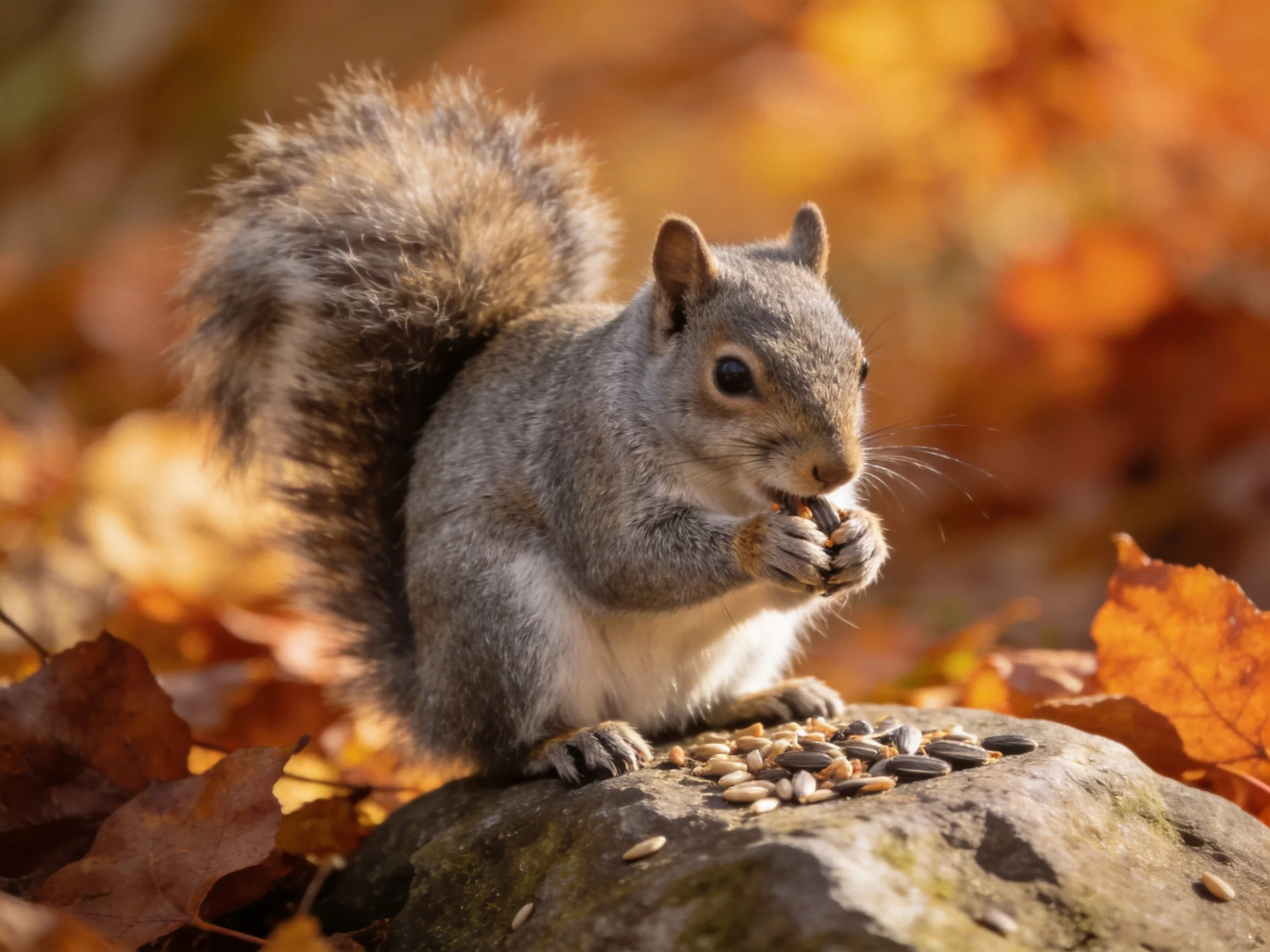 A gray squirrel eating seeds surrounded by autumn leaves