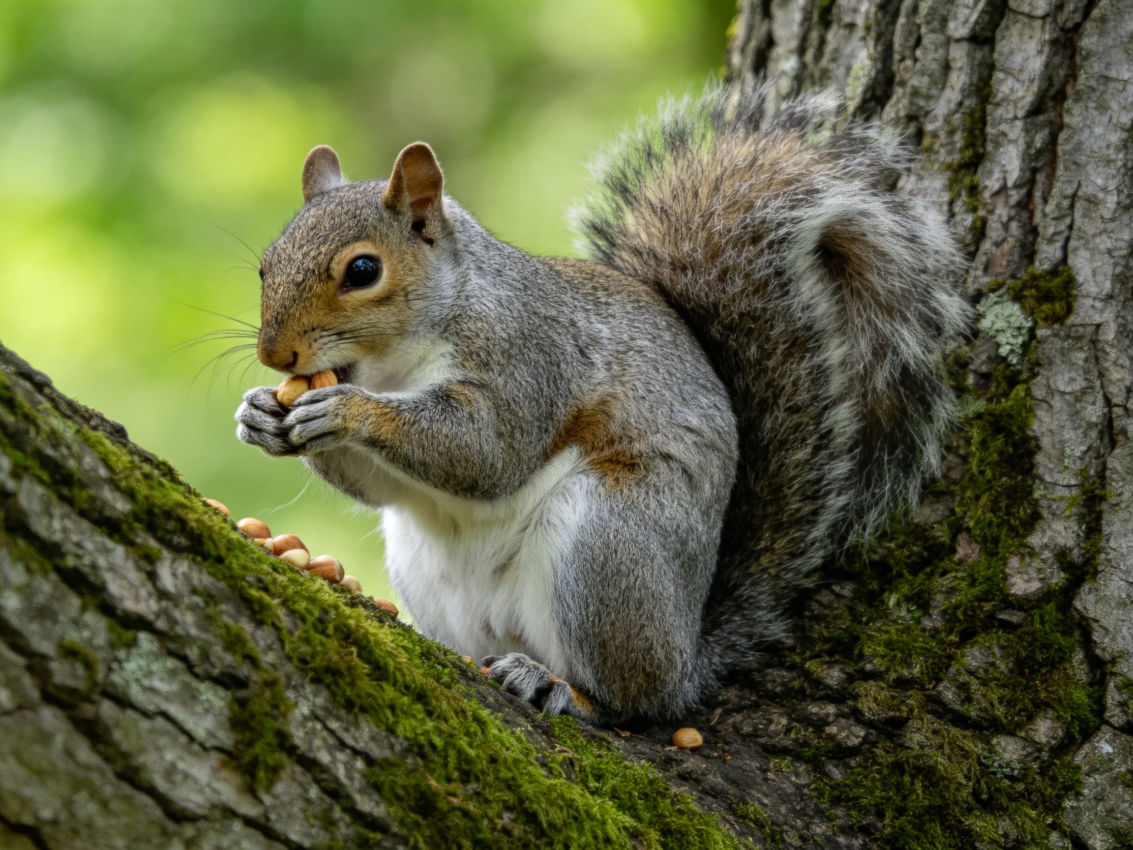A gray squirrel eats nuts on a moss-covered tree trunk