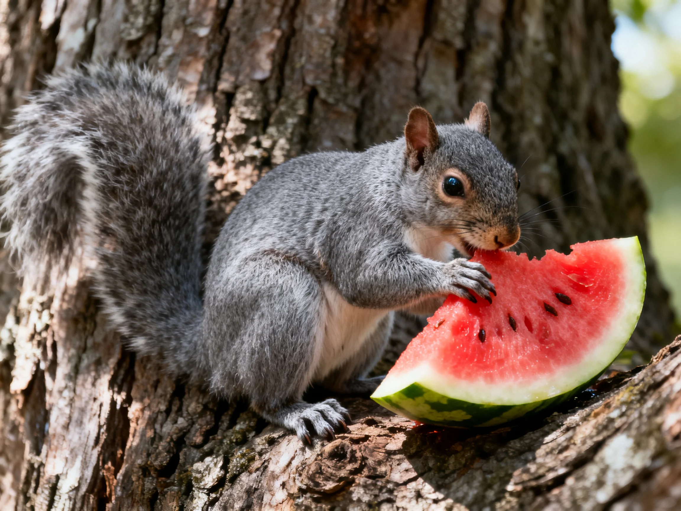 A gray squirrel enjoys a vibrant watermelon slice by a textured tree trunk