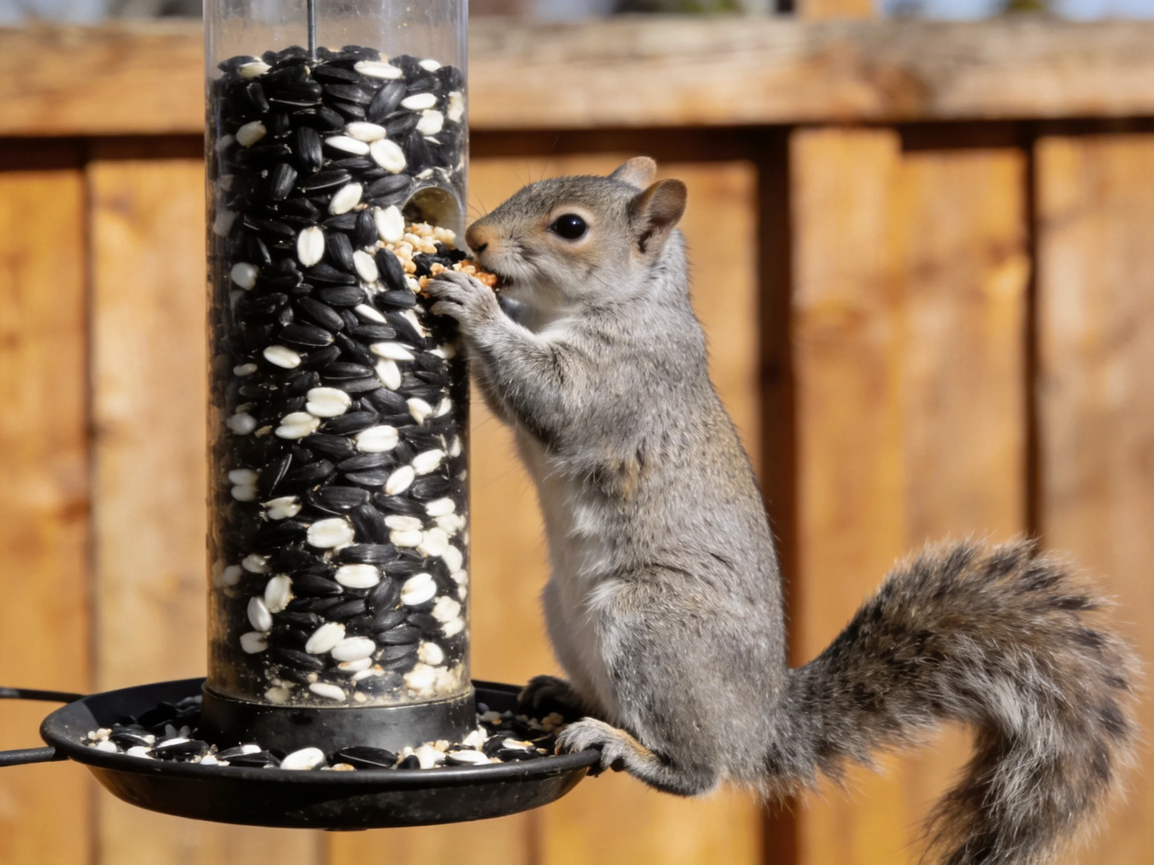 A gray squirrel eats seeds from a cylindrical bird feeder near a wooden fence.
