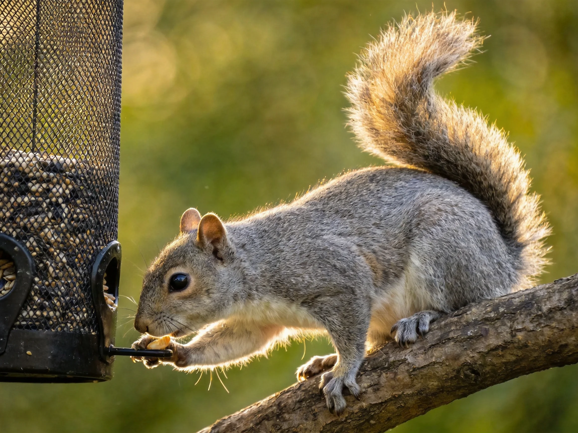 A gray squirrel reaches for food from a black mesh bird feeder attached to a branch.