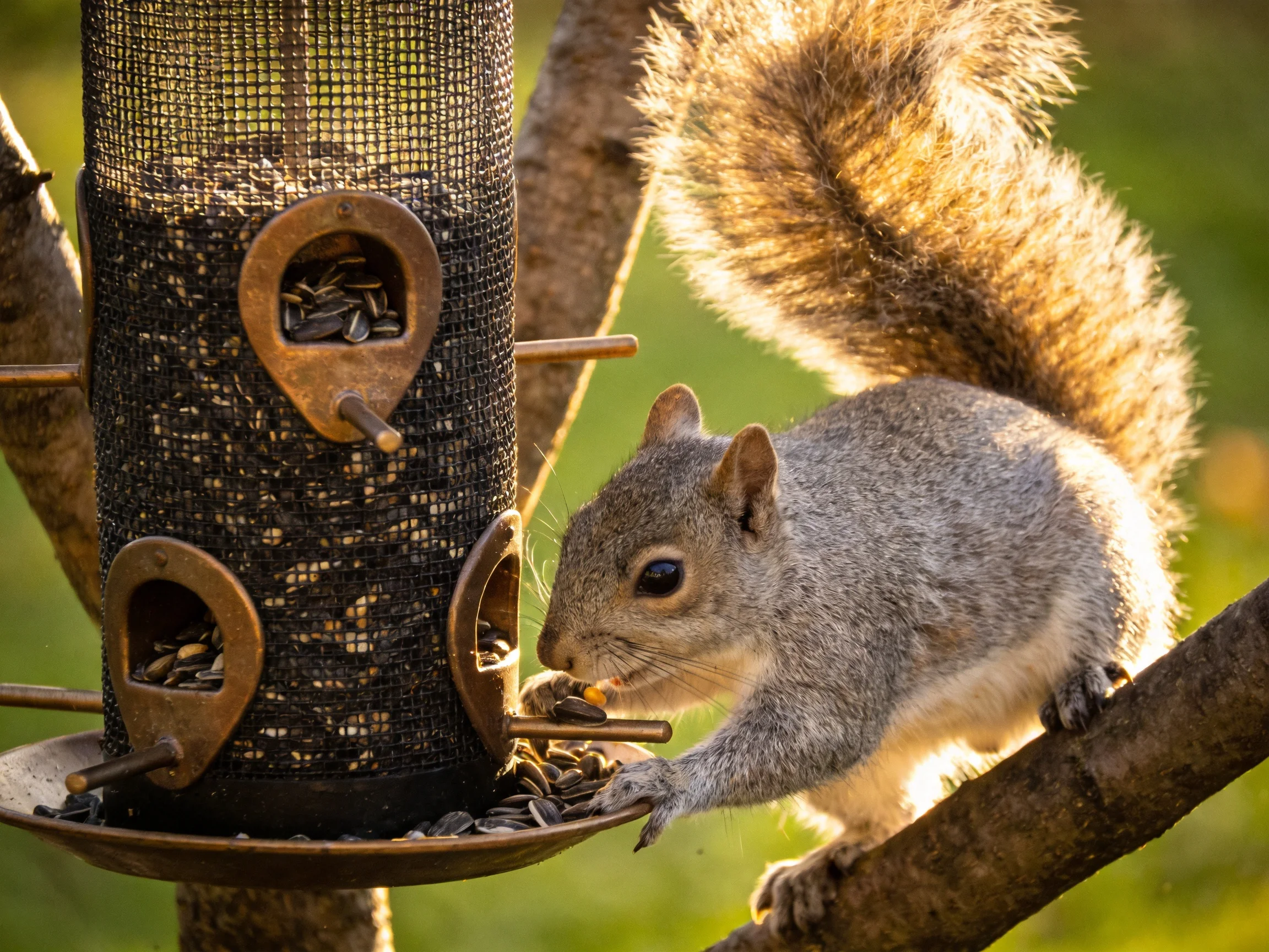 A gray squirrel feeding from a multi-compartment bird feeder