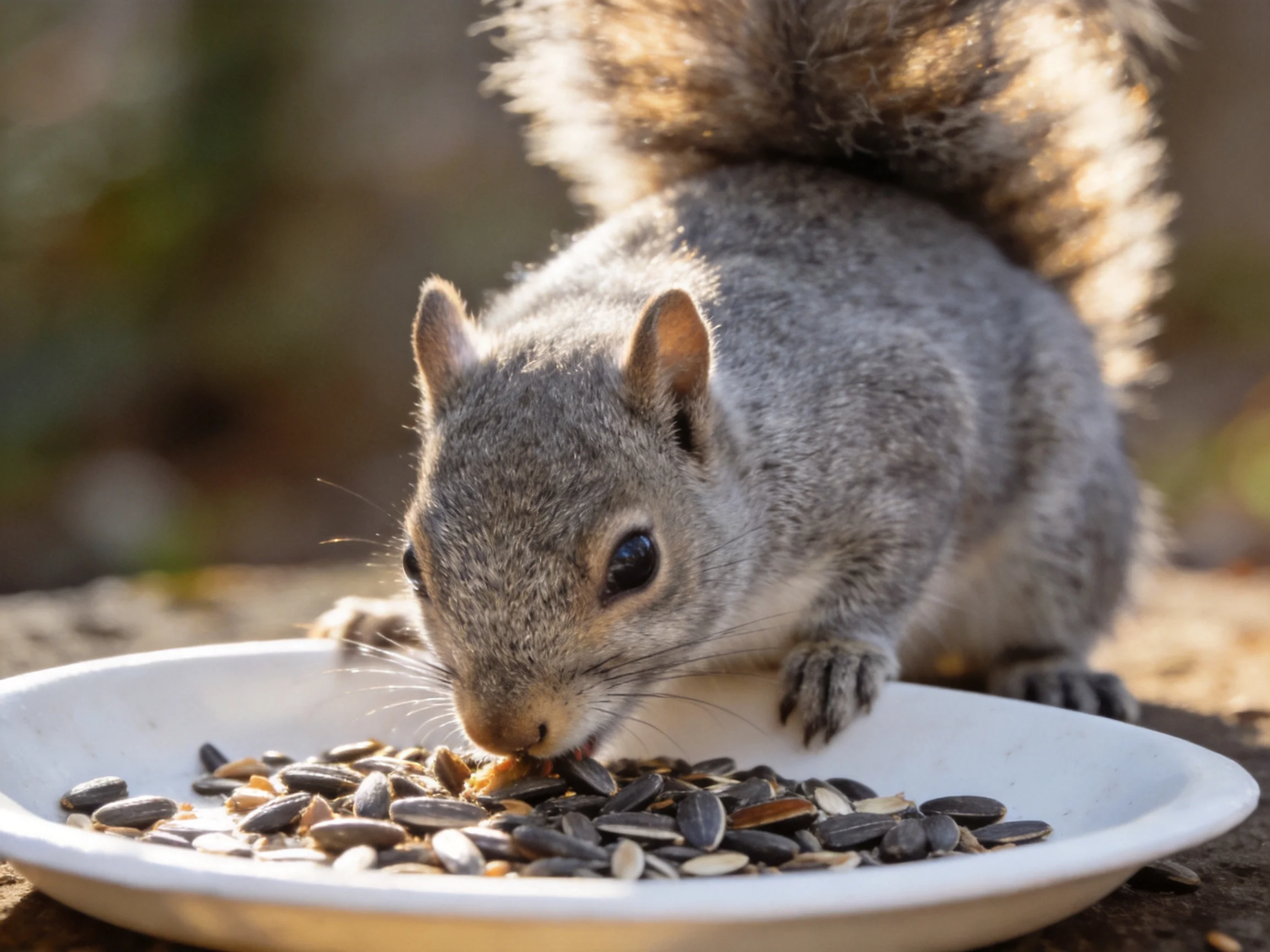A gray squirrel feeding on mixed seeds from a white plate outdoors