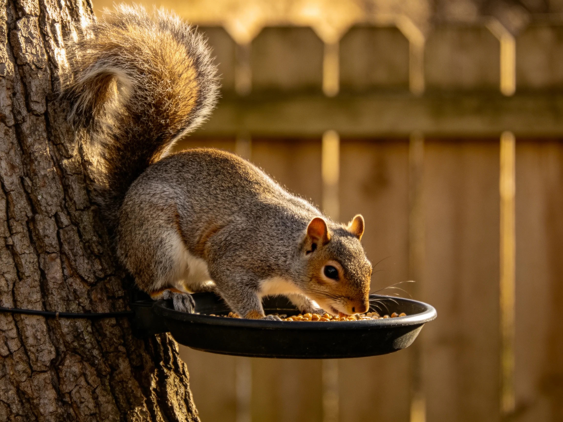 A gray squirrel feeds from a black feeder attached to a tree trunk