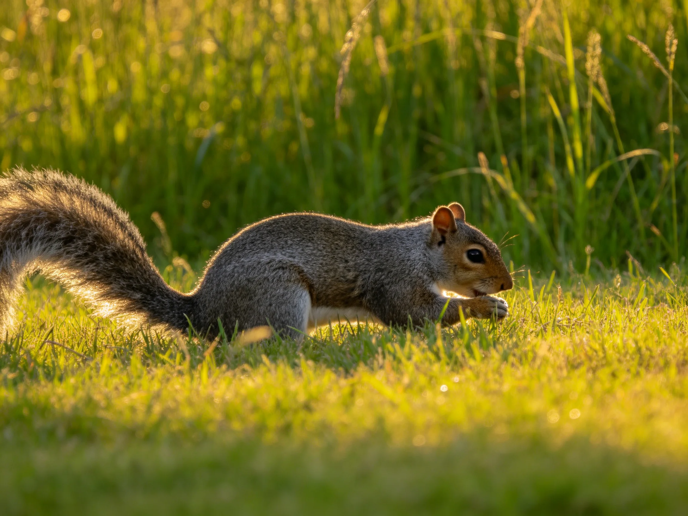 A gray squirrel forages in sunlit grass.