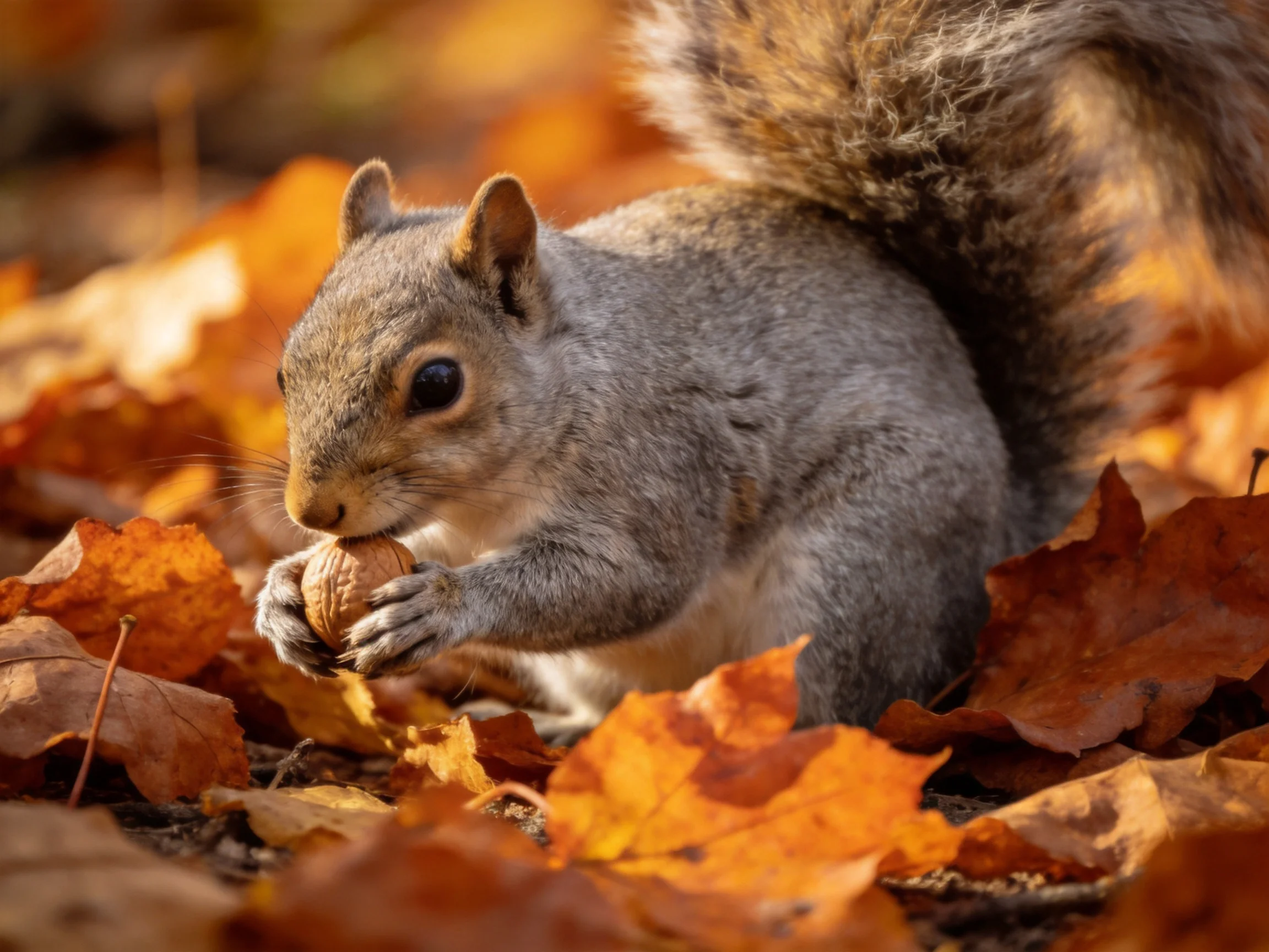 A gray squirrel gathers food from the ground among autumn leaves.