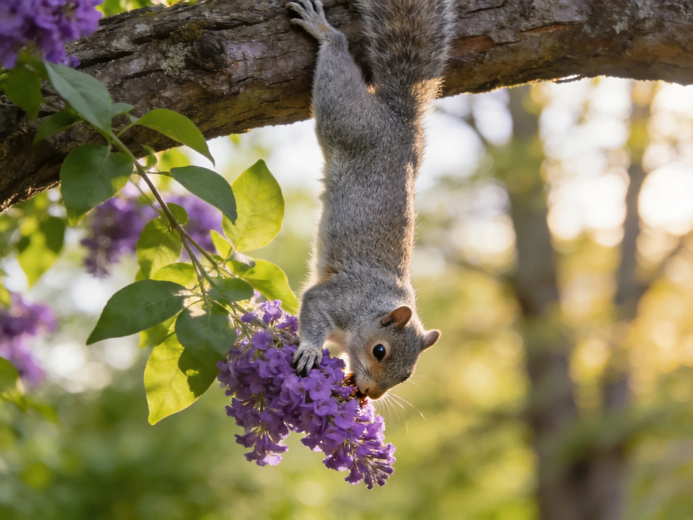 A gray squirrel hangs from a tree branch near purple flowers