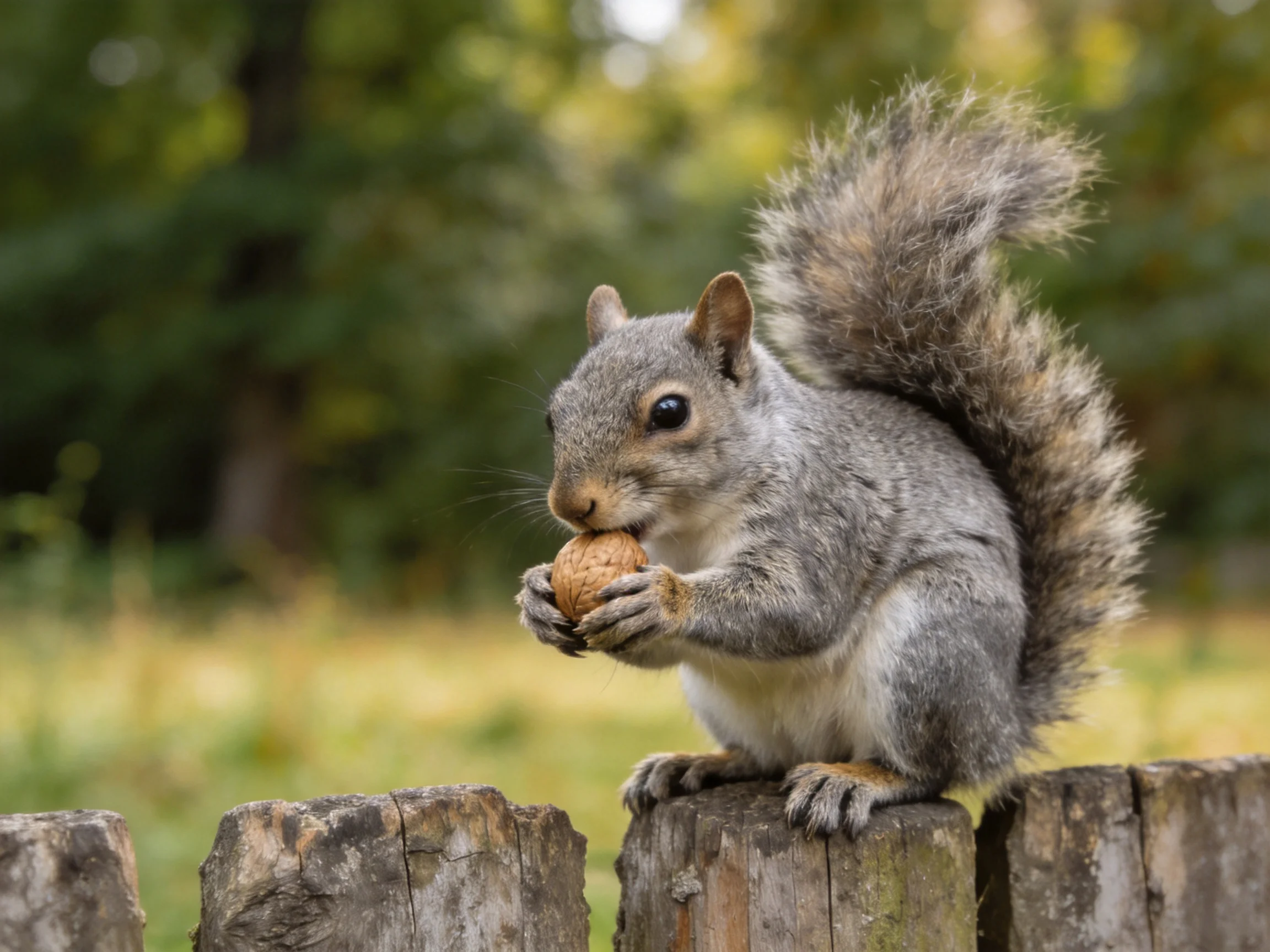 A gray squirrel eats a nut while perched on a wooden fence.