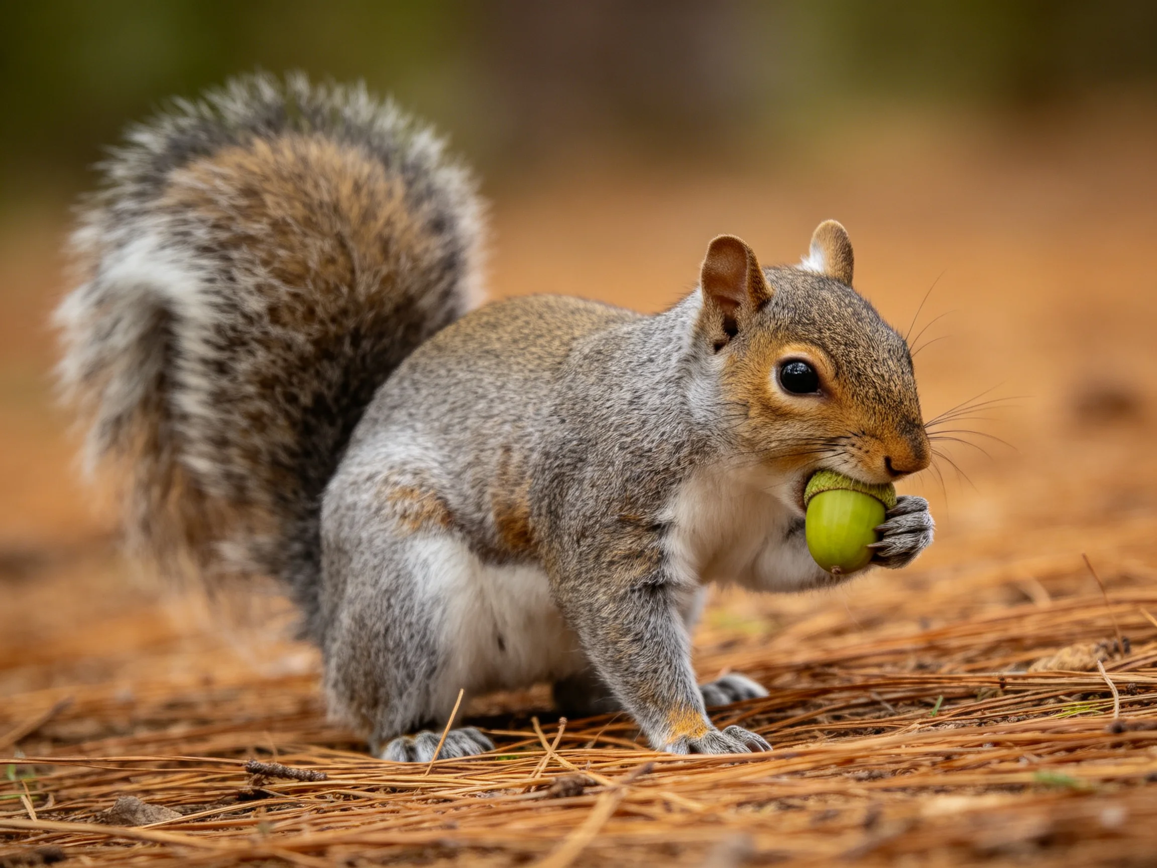 A gray squirrel holding a green acorn amid brown pine needles