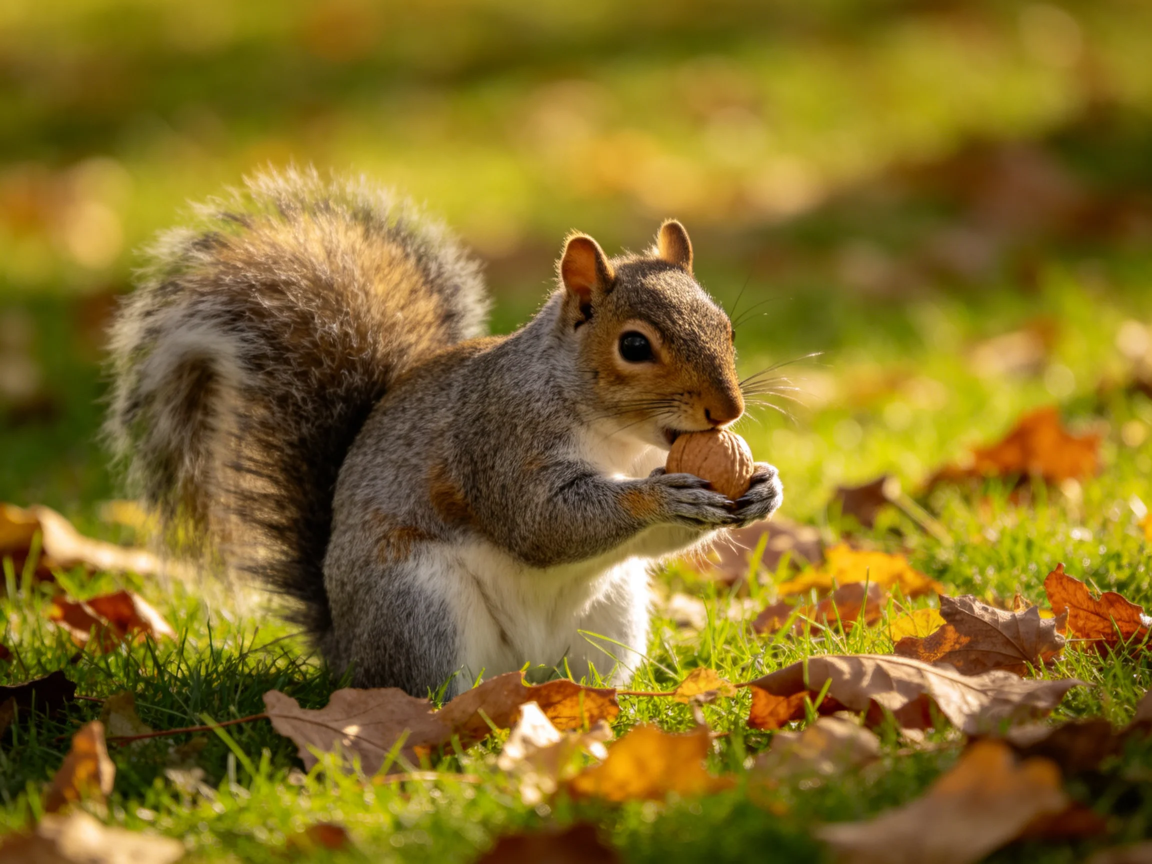 A gray squirrel holding a nut amid golden fallen leaves