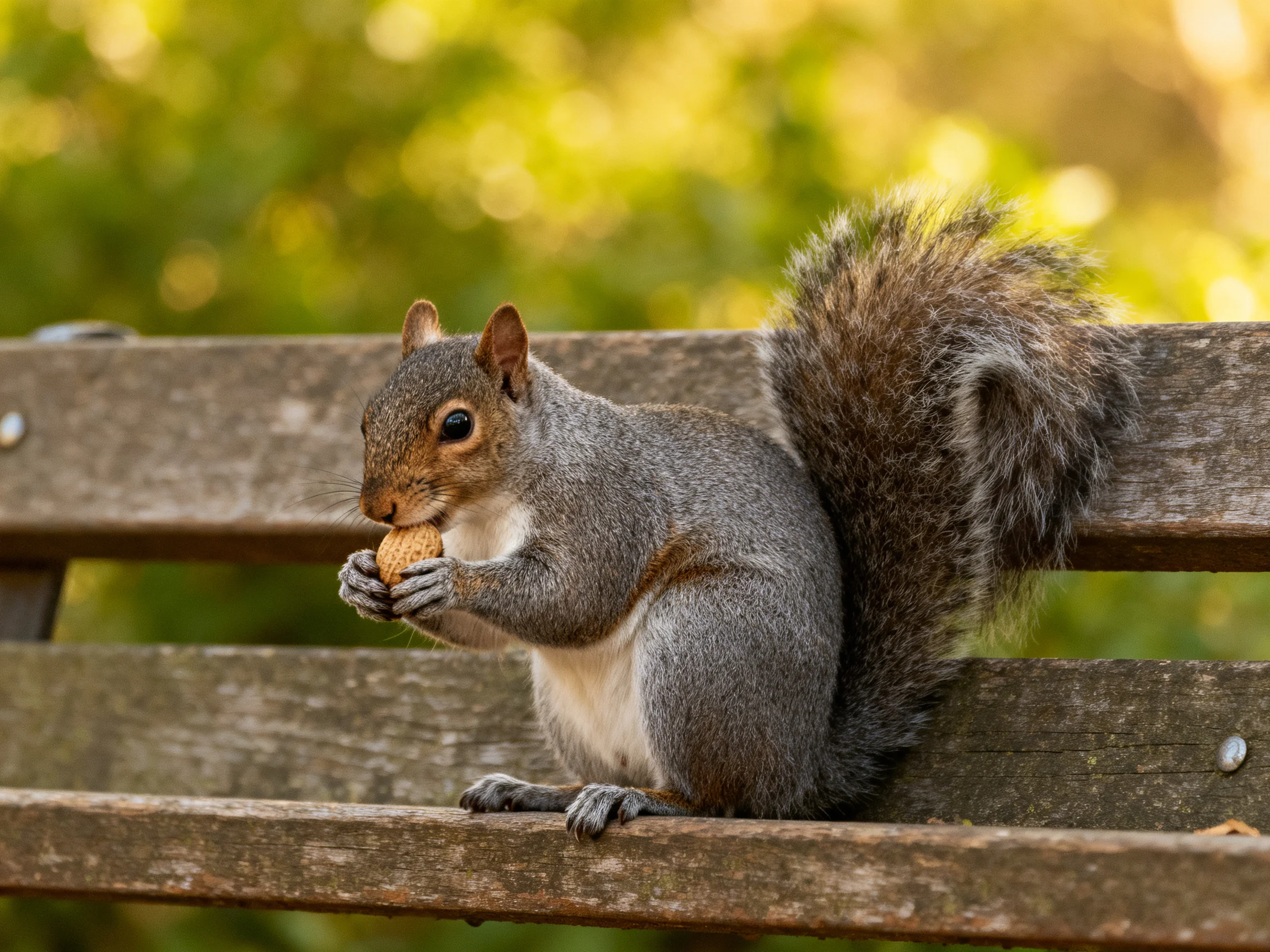 A gray squirrel eats a nut while sitting on a wooden bench
