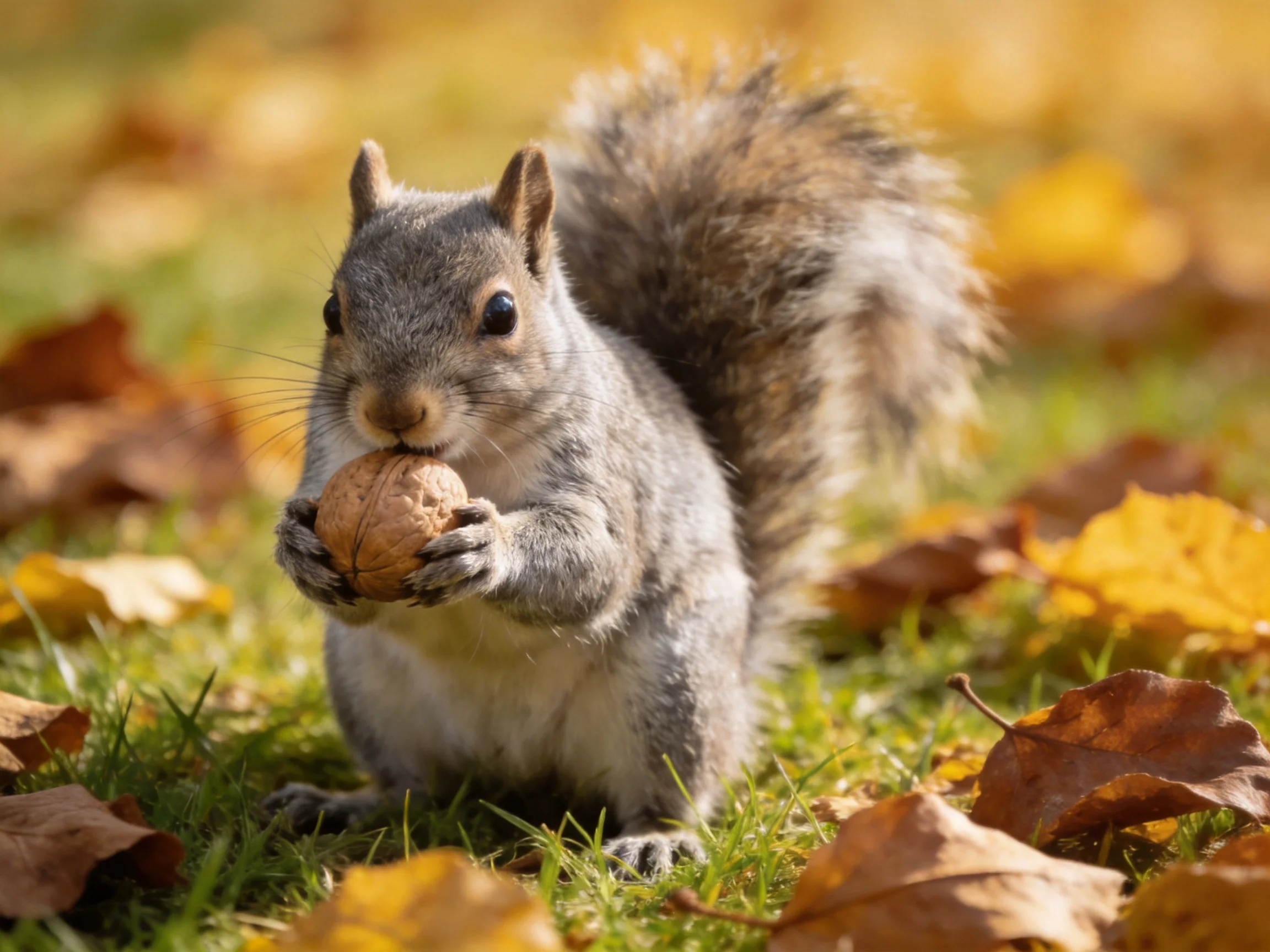 A gray squirrel holds a walnut amidst scattered autumn leaves.