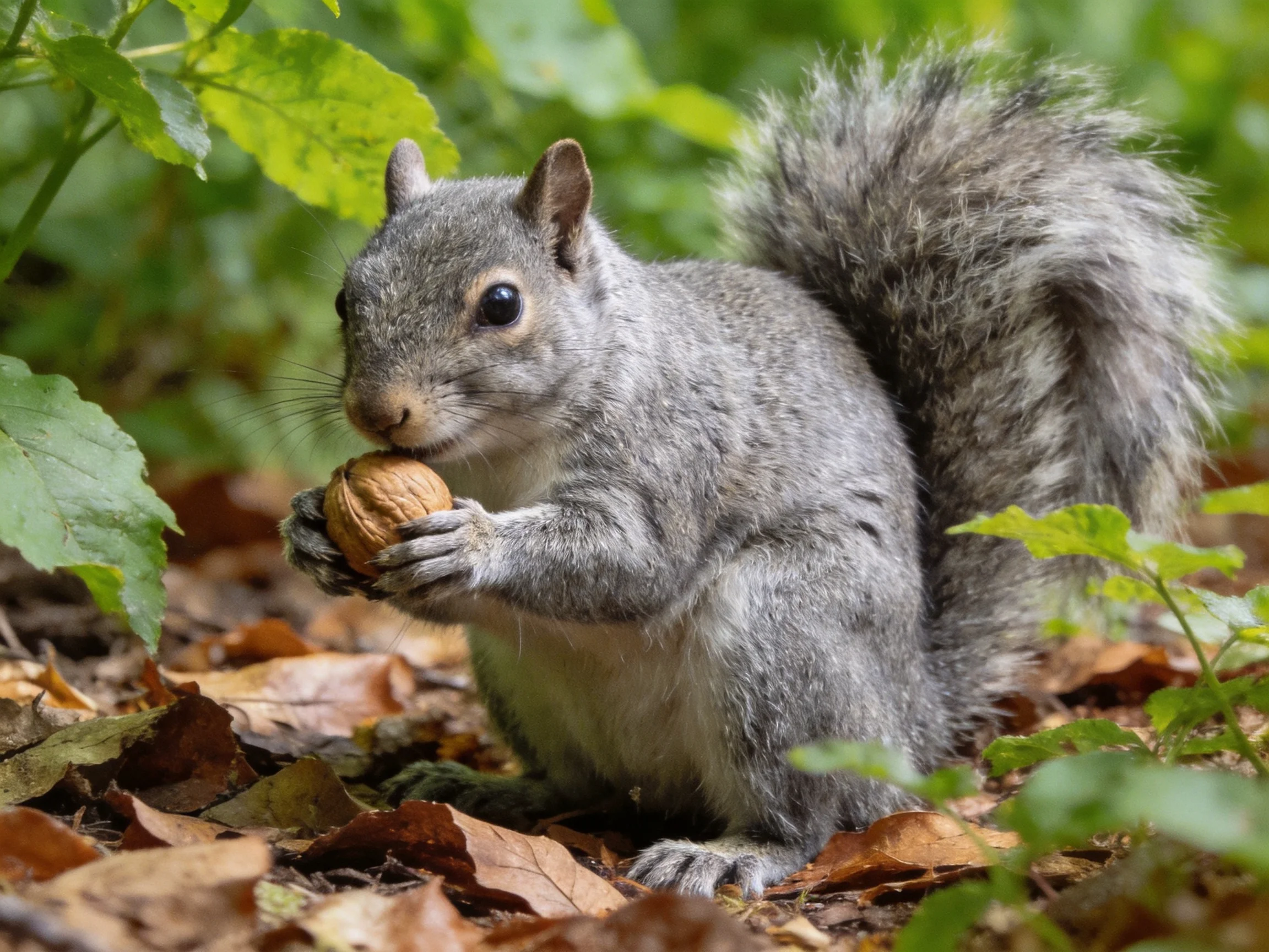 A gray squirrel holds a walnut amidst greenery and fallen leaves.