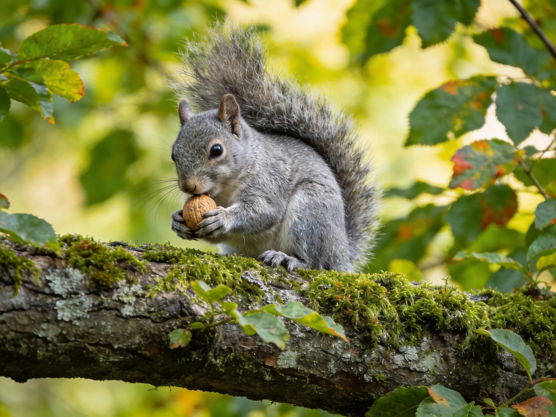 A gray squirrel holds a nut on a moss-laden tree branch